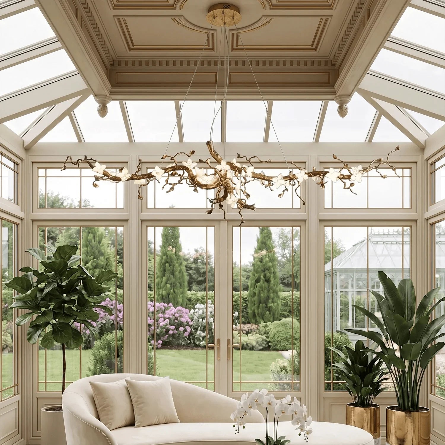 Handcrafted Sculptural Floral Branch Chandelier - ∅ 72.8″ x H 27.6″ x W 27.6″Gold + White + TransparentManorlights