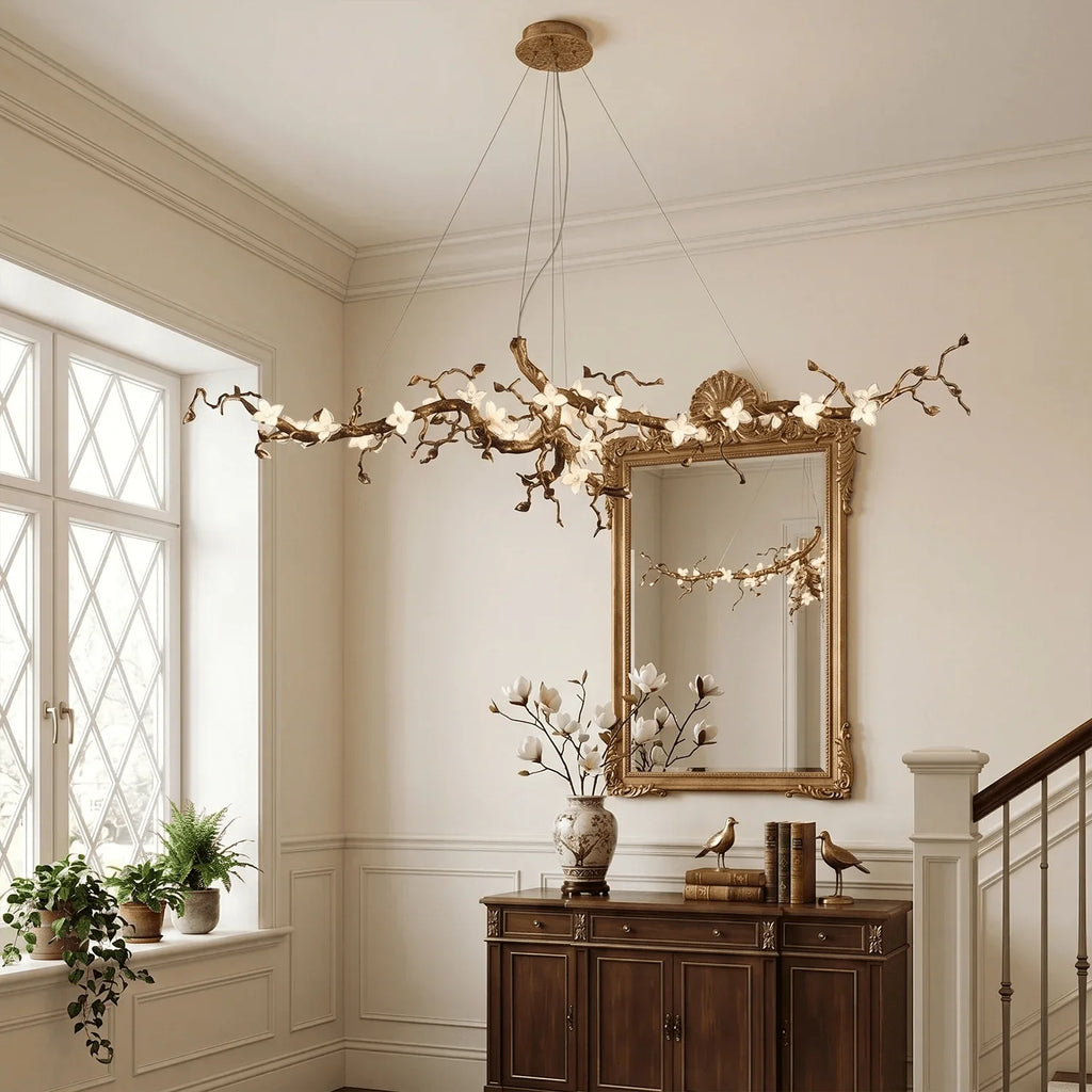 Handcrafted Sculptural Floral Branch Chandelier - ∅ 49.2″ x H 17.7″ x W 15.7″Gold + White + TransparentManorlights