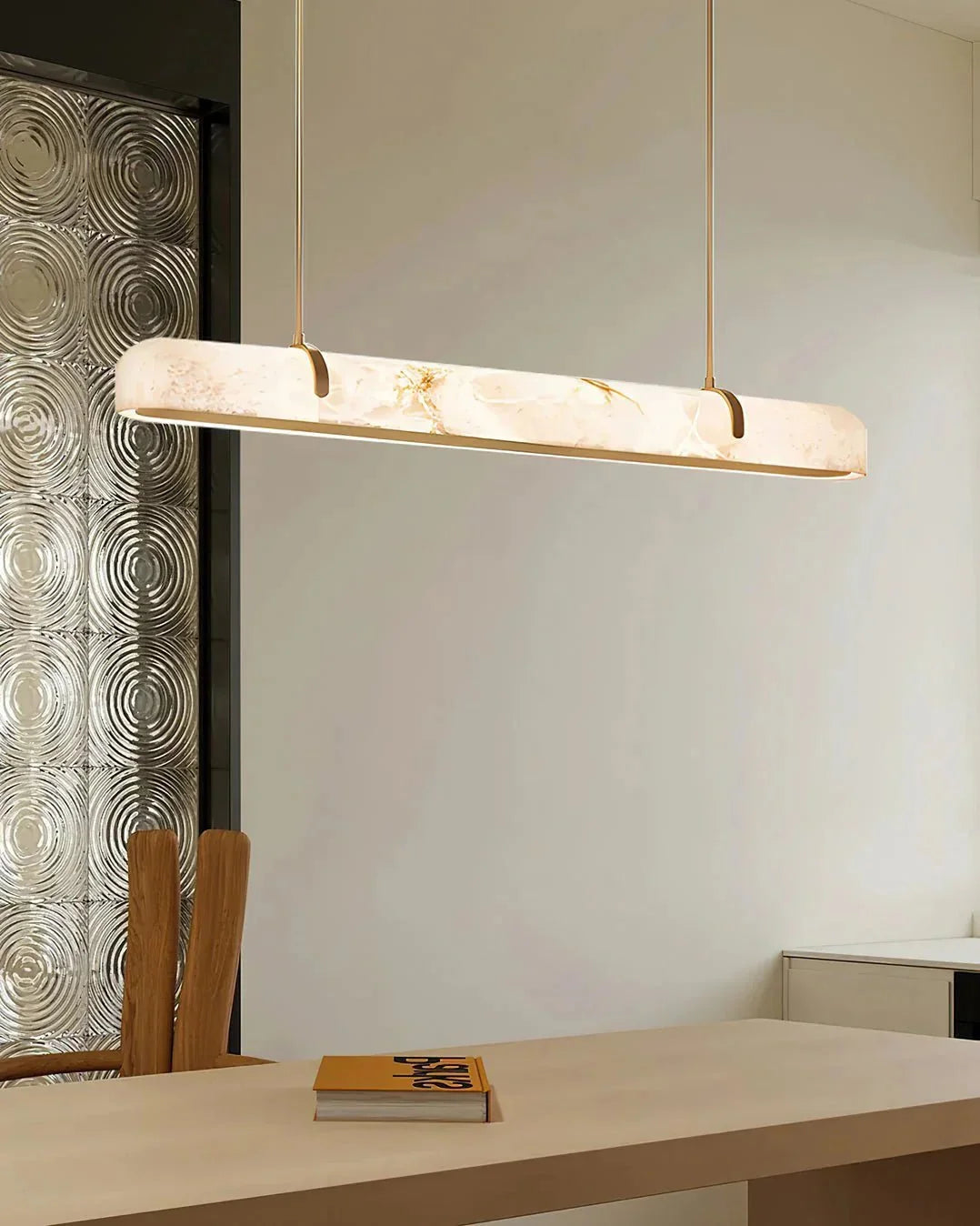 Linear Alabaster Chandelier, Kitchen Island Pendant Light - L 60cm x W 9cm x H 9cm / L 23.6″ x W 3.5″ x H 3.5″Brass & WhiteWarm LightManorlights