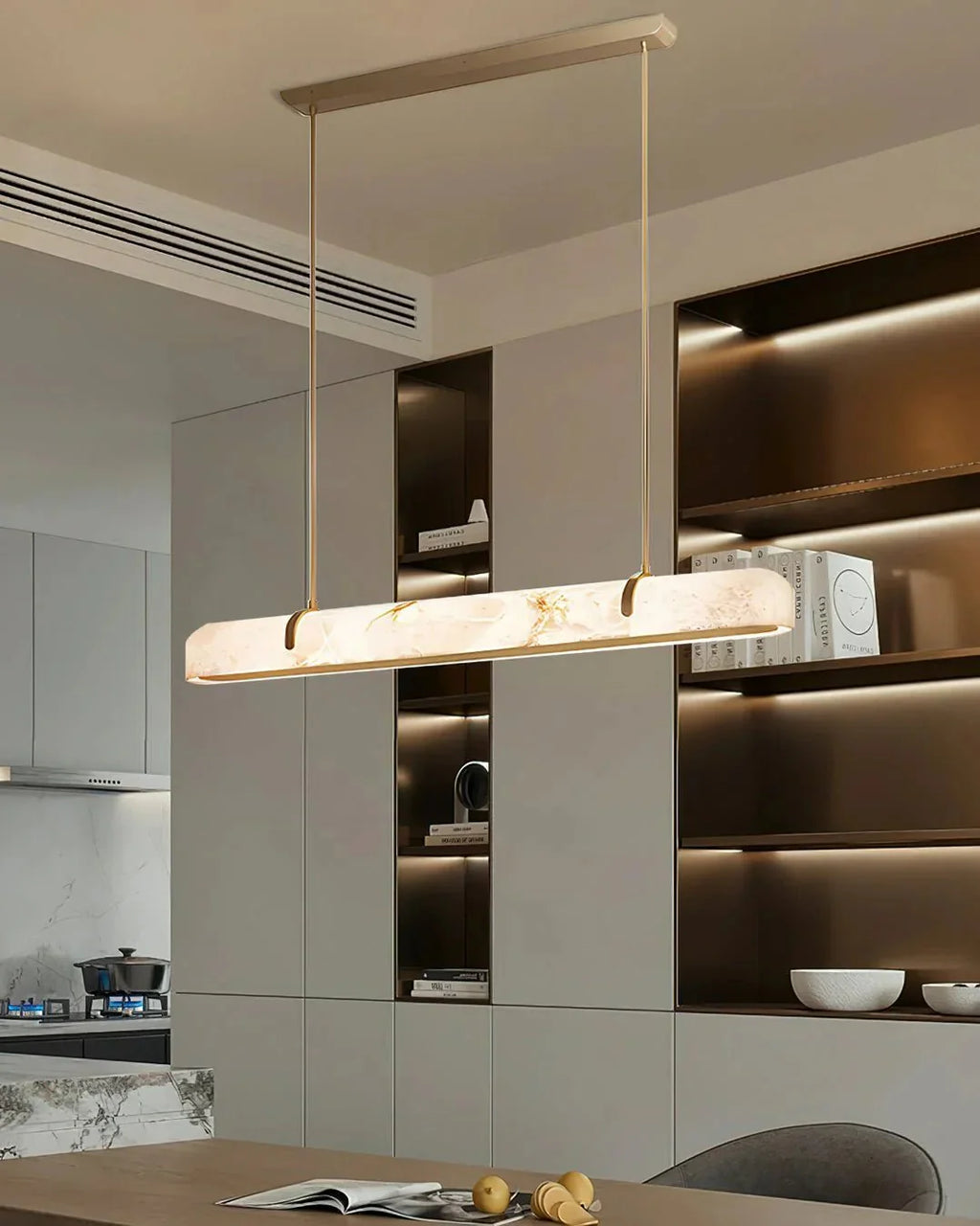Linear Alabaster Chandelier, Kitchen Island Pendant Light - L 60cm x W 9cm x H 9cm / L 23.6″ x W 3.5″ x H 3.5″Brass & WhiteWarm LightManorlights