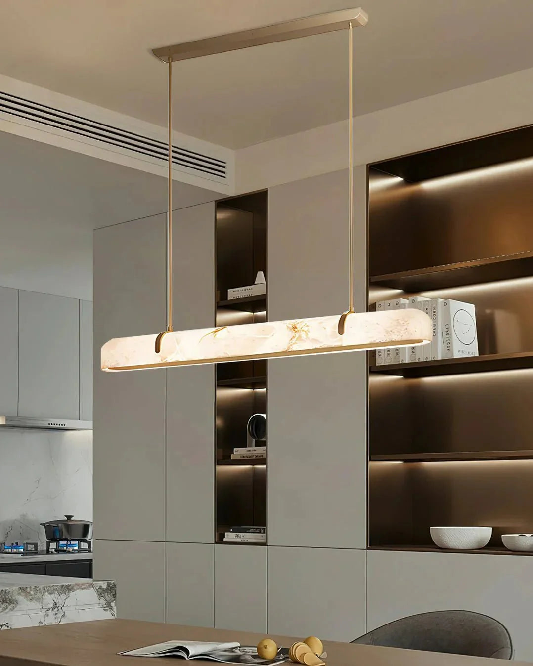 Linear Alabaster Chandelier, Kitchen Island Pendant Light - L 60cm x W 9cm x H 9cm / L 23.6″ x W 3.5″ x H 3.5″Brass & WhiteWarm LightManorlights