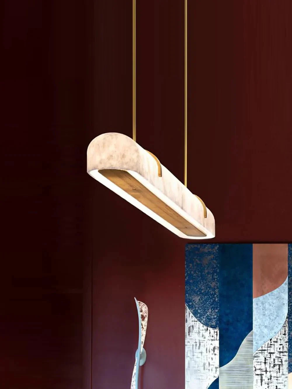 Linear Alabaster Chandelier, Kitchen Island Pendant Light - L 60cm x W 9cm x H 9cm / L 23.6″ x W 3.5″ x H 3.5″Brass & WhiteWarm LightManorlights