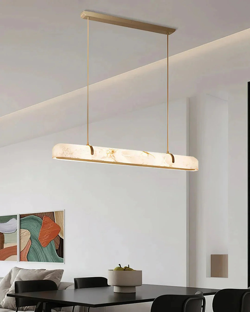 Linear Alabaster Chandelier, Kitchen Island Pendant Light - L 60cm x W 9cm x H 9cm / L 23.6″ x W 3.5″ x H 3.5″Brass & WhiteWarm LightManorlights