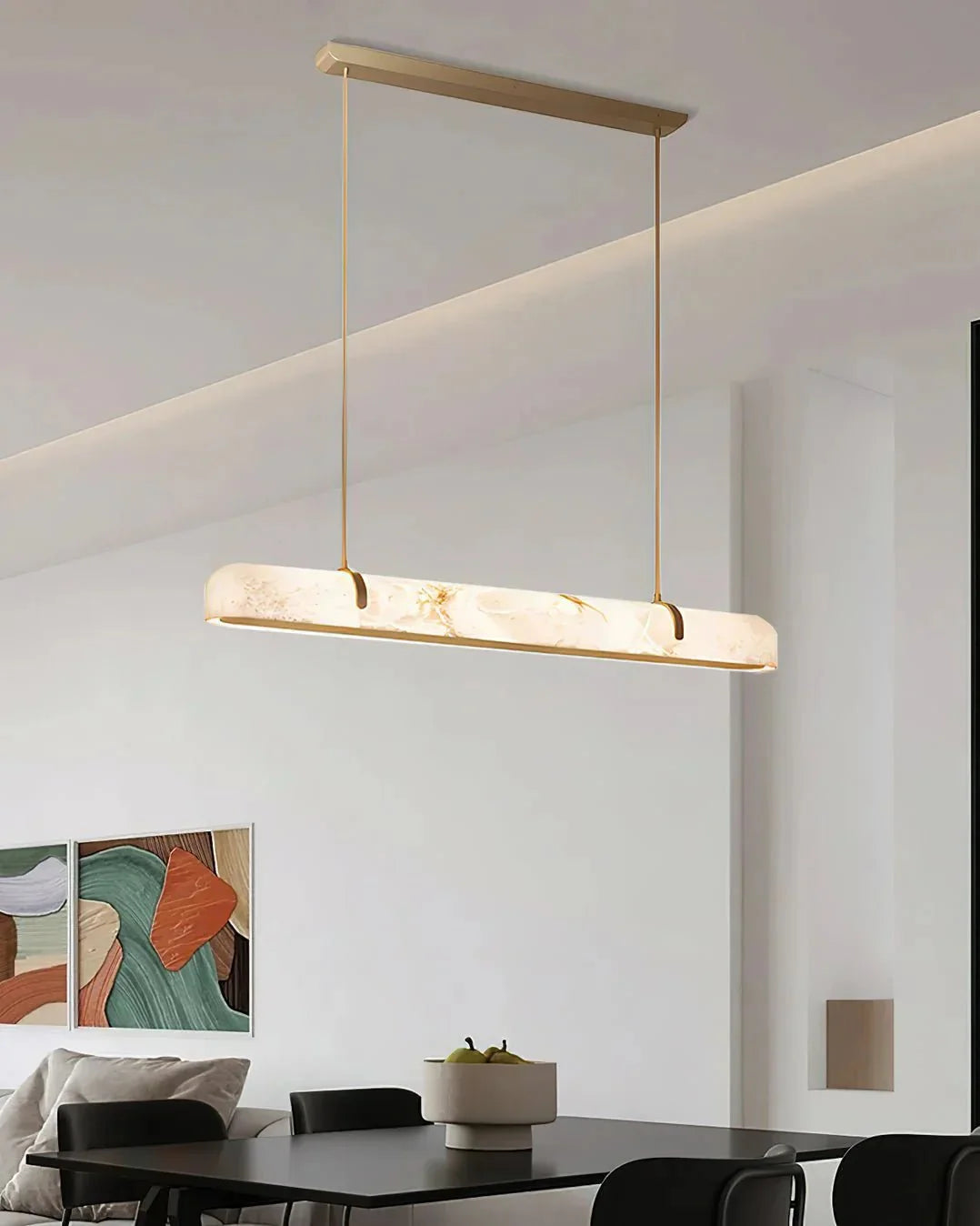 Linear Alabaster Chandelier, Kitchen Island Pendant Light - L 60cm x W 9cm x H 9cm / L 23.6″ x W 3.5″ x H 3.5″Brass & WhiteWarm LightManorlights