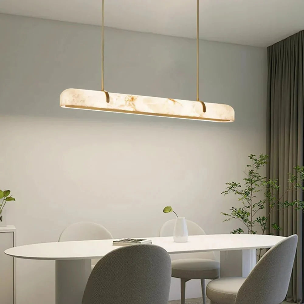 Linear Alabaster Chandelier, Kitchen Island Pendant Light - L 60cm x W 9cm x H 9cm / L 23.6″ x W 3.5″ x H 3.5″Brass & WhiteWarm LightManorlights