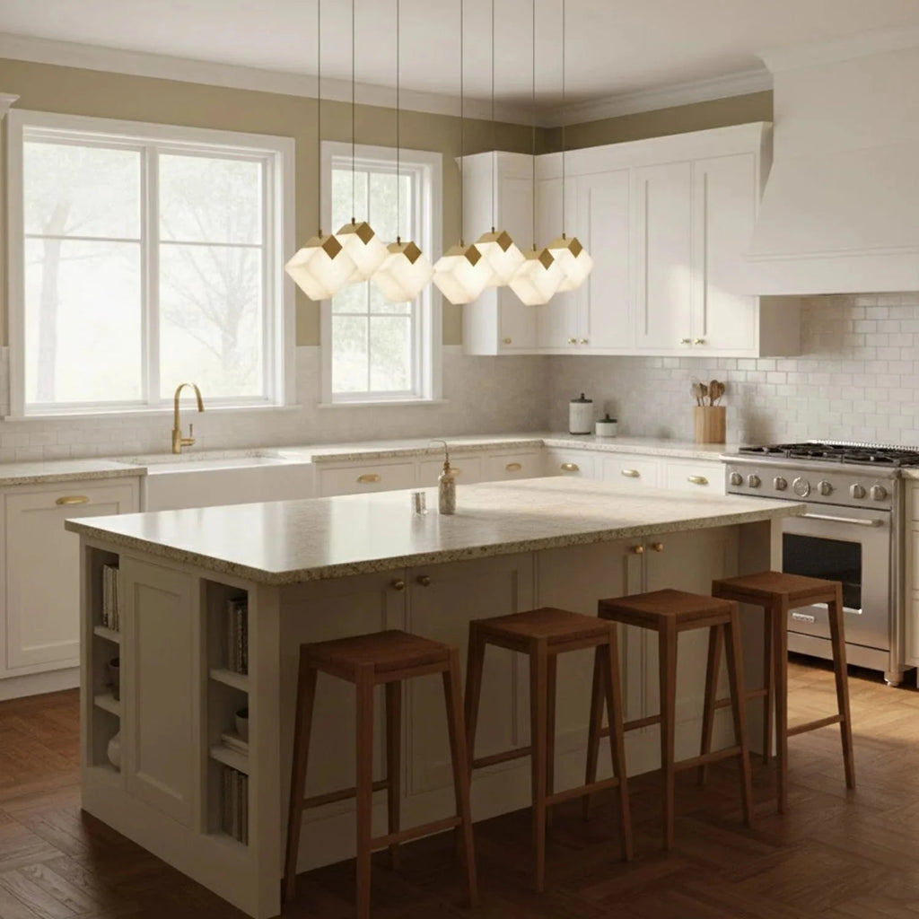 Linear Alabaster Cube Chandelier 6-Light Brass Island Pendant Light - 10-Lights ∅ 47.2" x H 3.9"Gold & White -  Manorlights