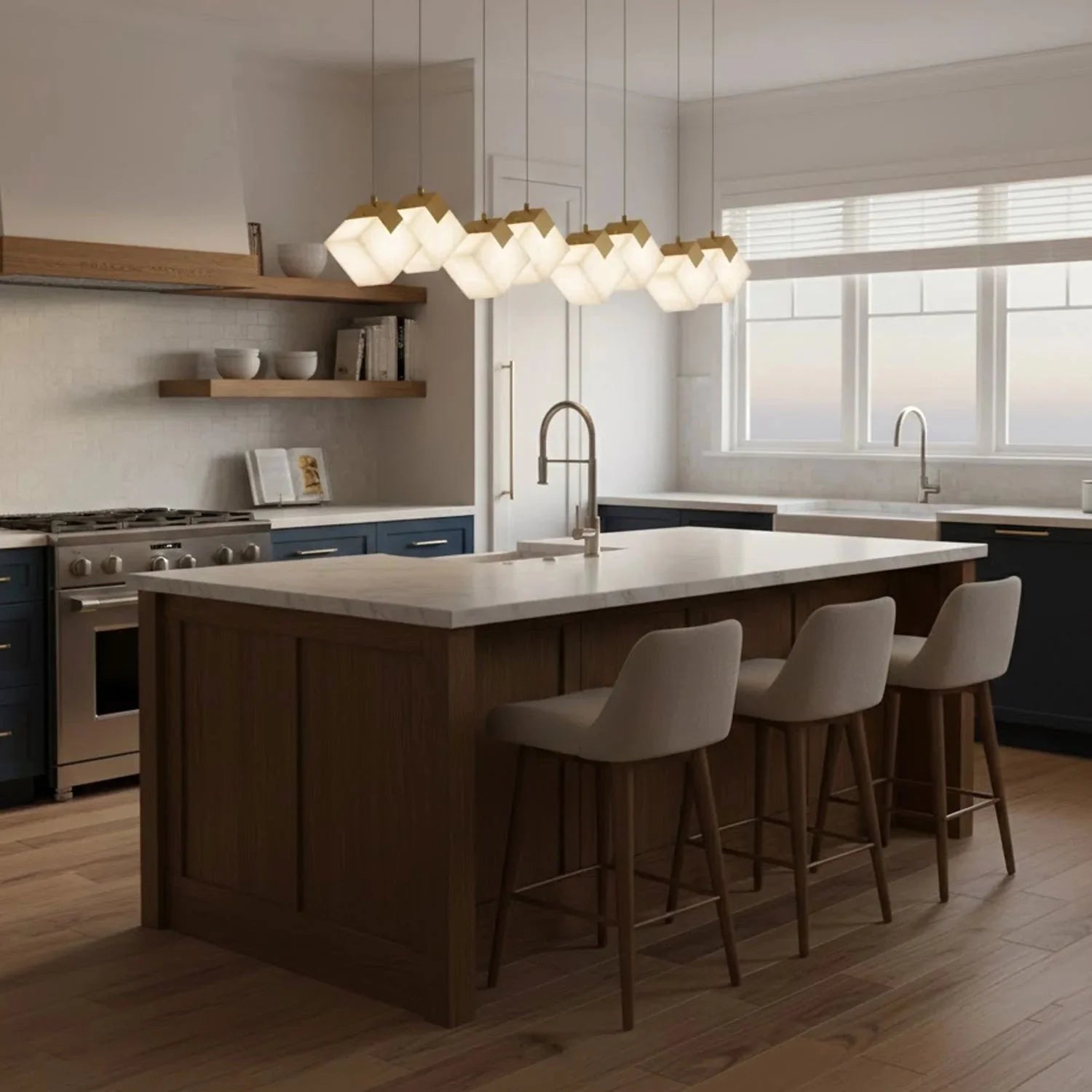 Linear Alabaster Cube Chandelier 6-Light Brass Island Pendant Light - 10-Lights ∅ 47.2" x H 3.9"Gold & White -  Manorlights