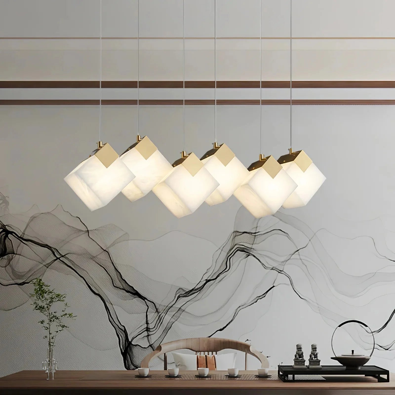 Linear Alabaster Cube Chandelier 6-Light Brass Island Pendant Light - 10-Lights ∅ 47.2" x H 3.9"Gold & White -  Manorlights