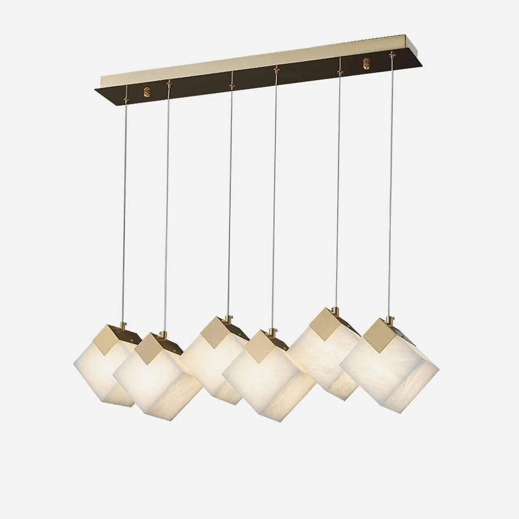 Linear Alabaster Cube Chandelier 6-Light Brass Island Pendant Light - 6-Lights ∅ 27.6" x H 3.9"Gold & White -  Manorlights