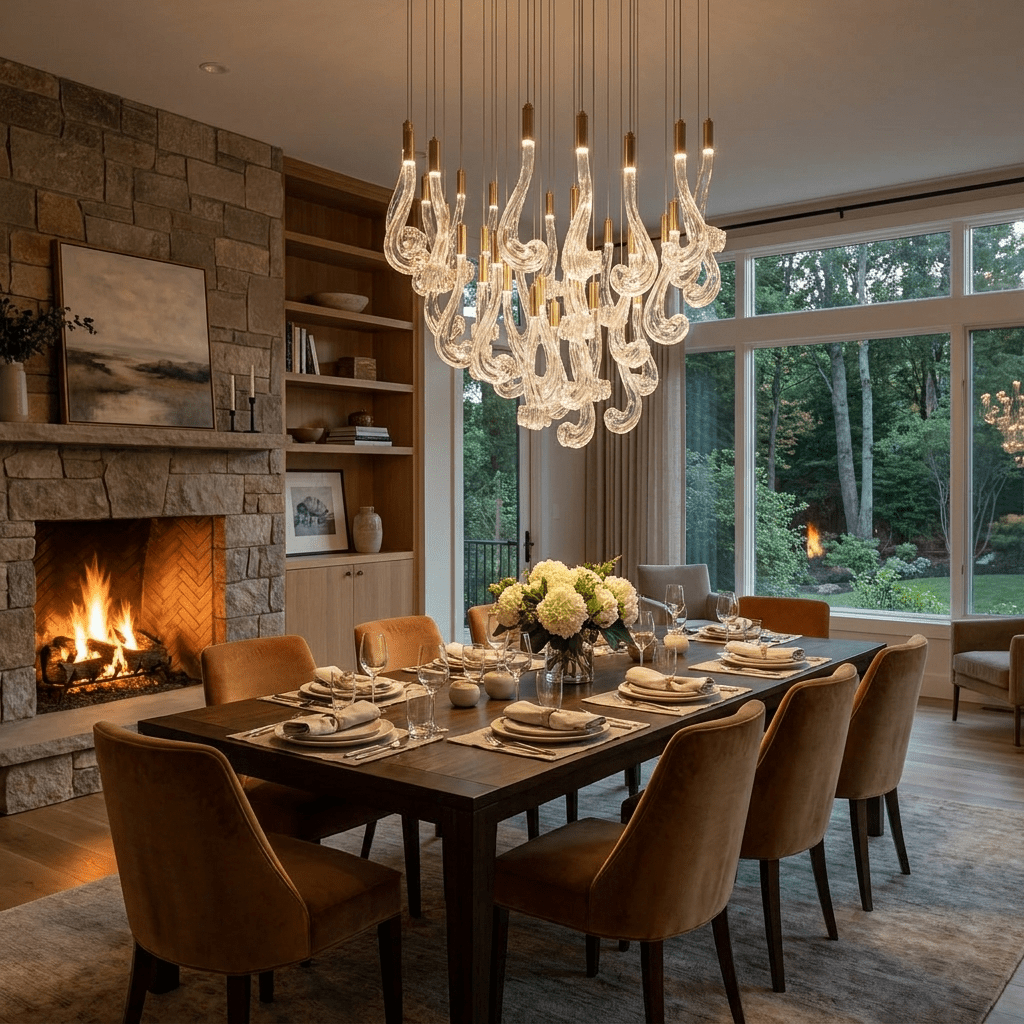 Lucerna LED Glass Flame Chandelier - Dia 23.6″ × H 39.4″Gold & ClearWarm LightBlushlighting