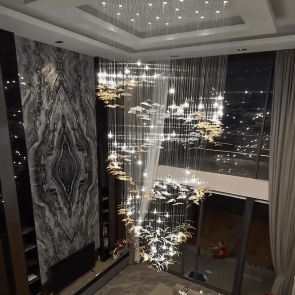 Modern Ascending Spiral Floating Glass Feather Chandelier with Bulbs - Square Canopy/L68"*H144" (L173cm*H366cm)Warm LightManorlights