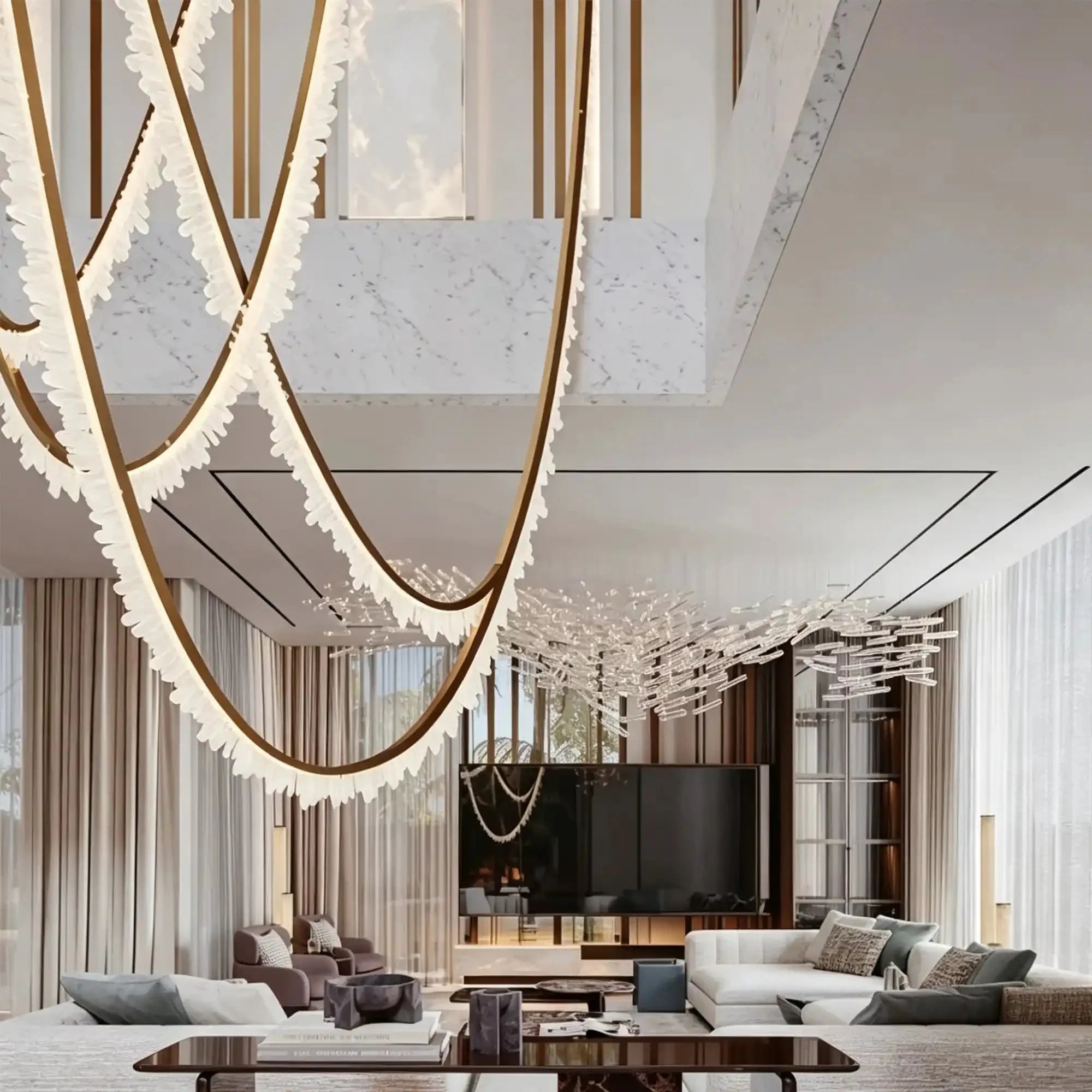 Modern High-End Curved Necklace Natural Crystal Ceiling Chandelier - The Whole Set /8 chainsBrassWhite Light -  Manorlights
