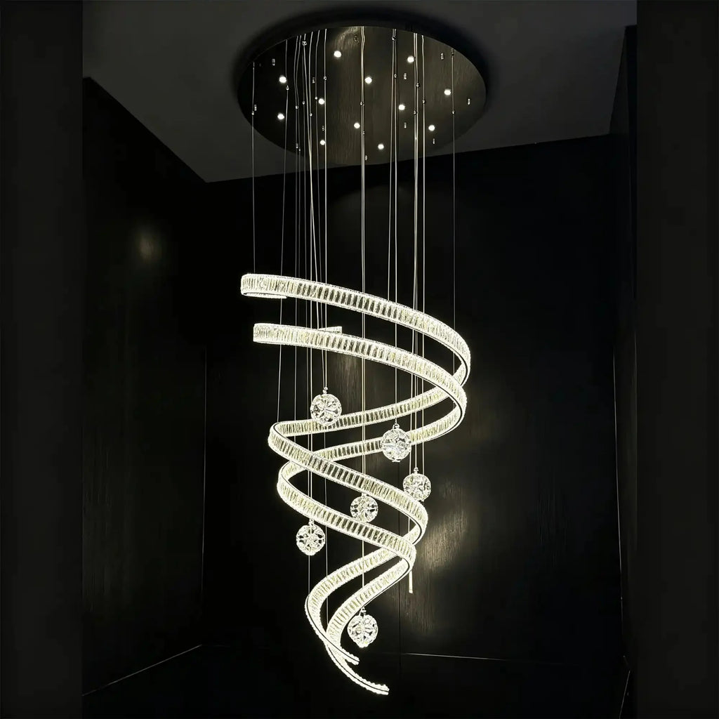 Modern Luxury Spiral Ribbon Multi-Ball Crystal Chandelier for Foyer/Staircase - D47.24"*H118.11"(D120cm*H300cm)Dimmable Warm LightManorlights