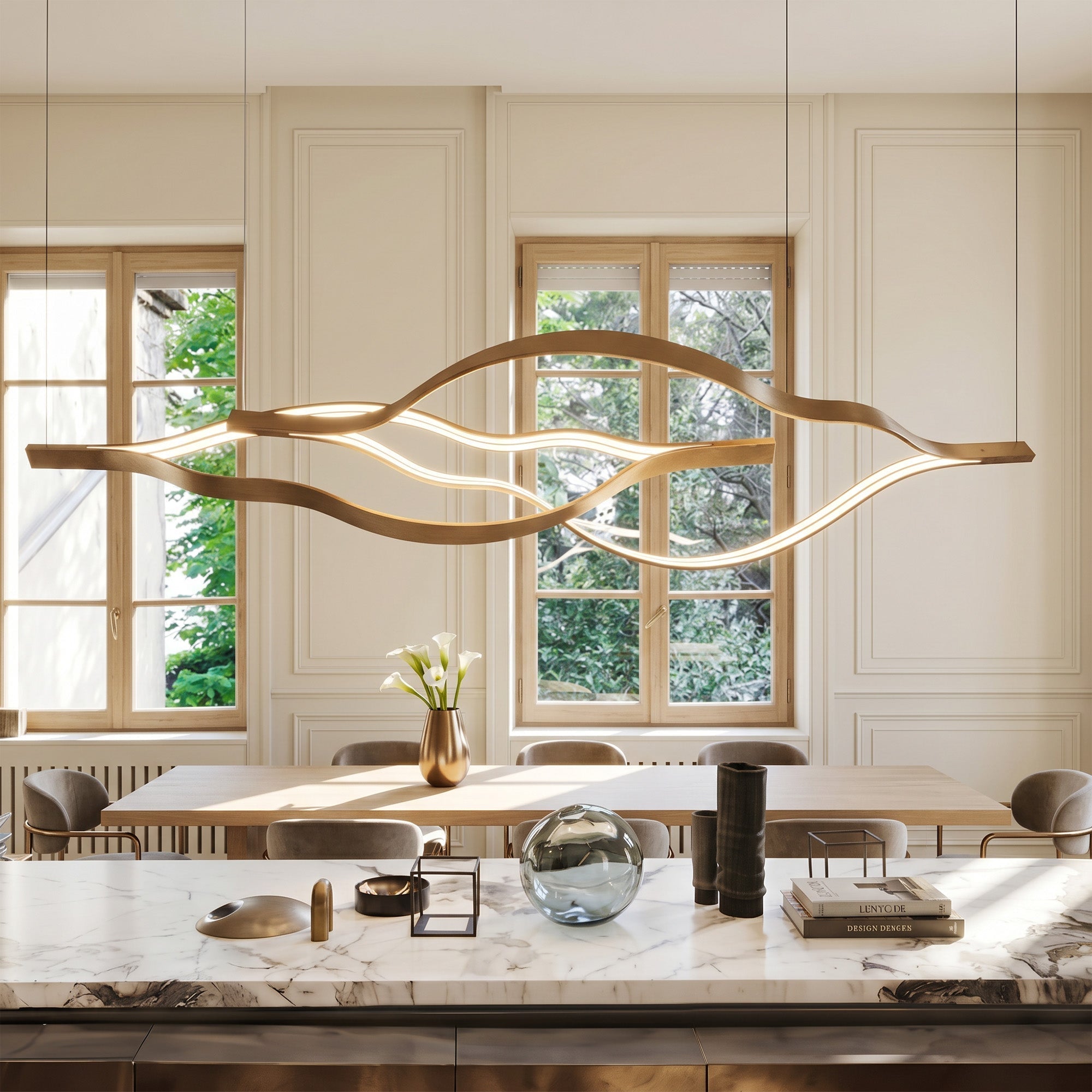 Modern Simple Brass Waving Chandelier for Living/Dining Room/Kitchen Island - L31.5"*W2.2"*H11.8"WoodWarm Light -  Manorlights