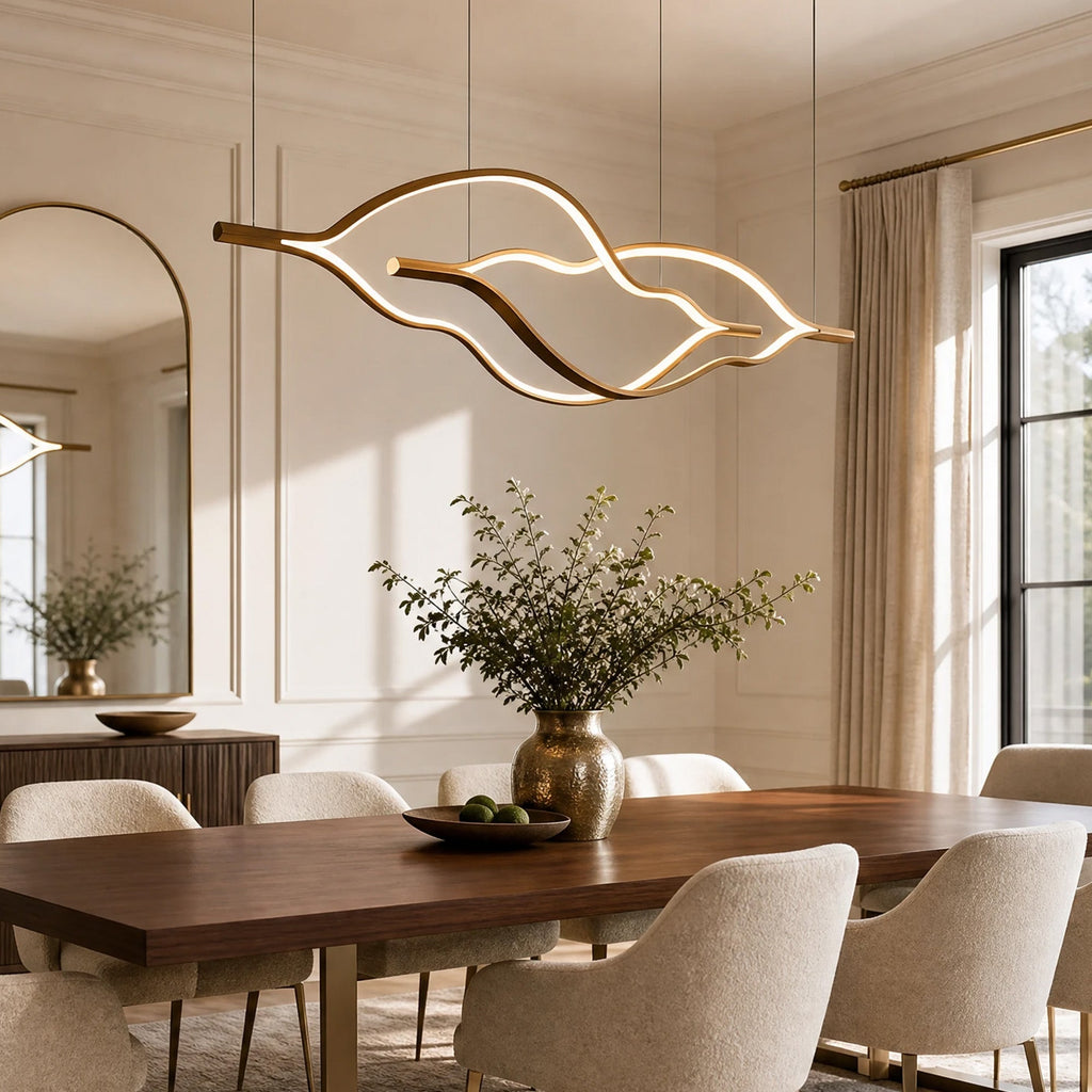 Modern Simple Brass Waving Chandelier for Living/Dining Room/Kitchen Island - 2 crossed pendant: L39.4"+L47.2"/17kgWoodWarm Light -  Manorlights