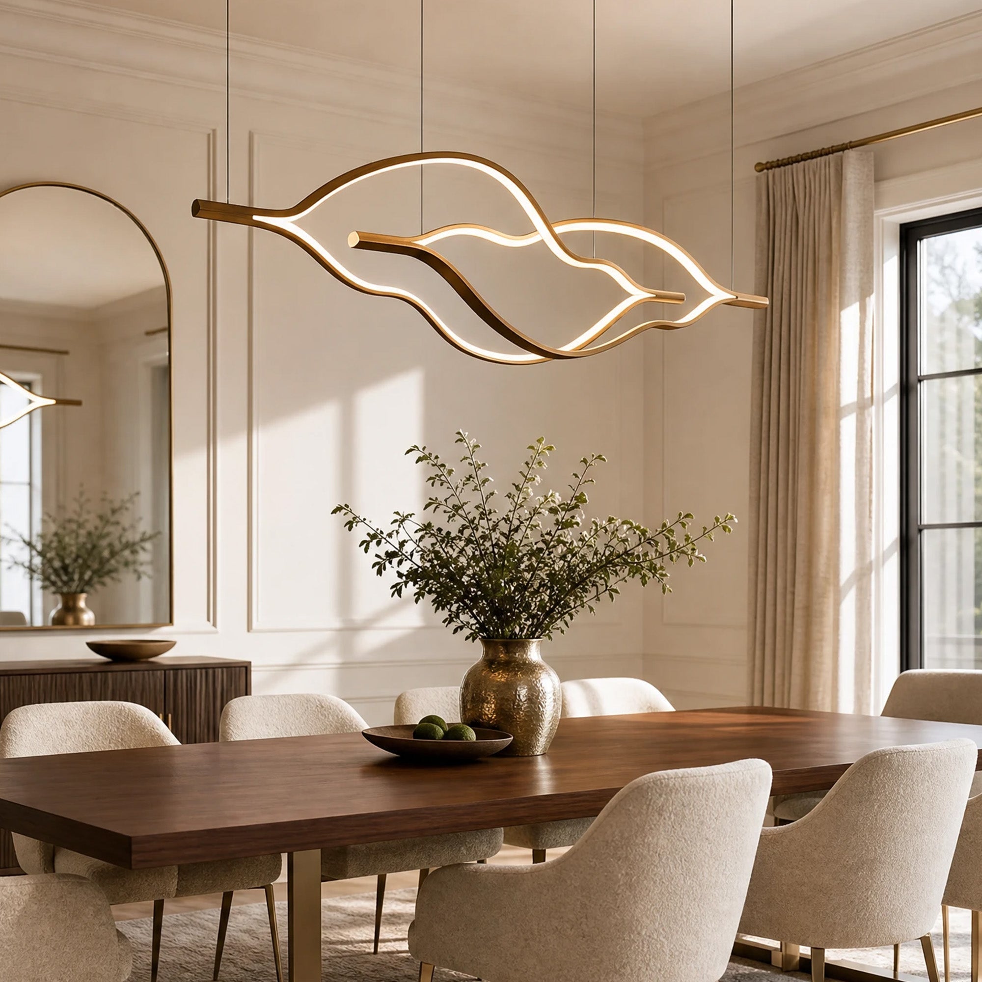 Modern Simple Brass Waving Chandelier for Living/Dining Room/Kitchen Island - 2 crossed pendant: L39.4"+L47.2"/17kgWoodWarm Light -  Manorlights