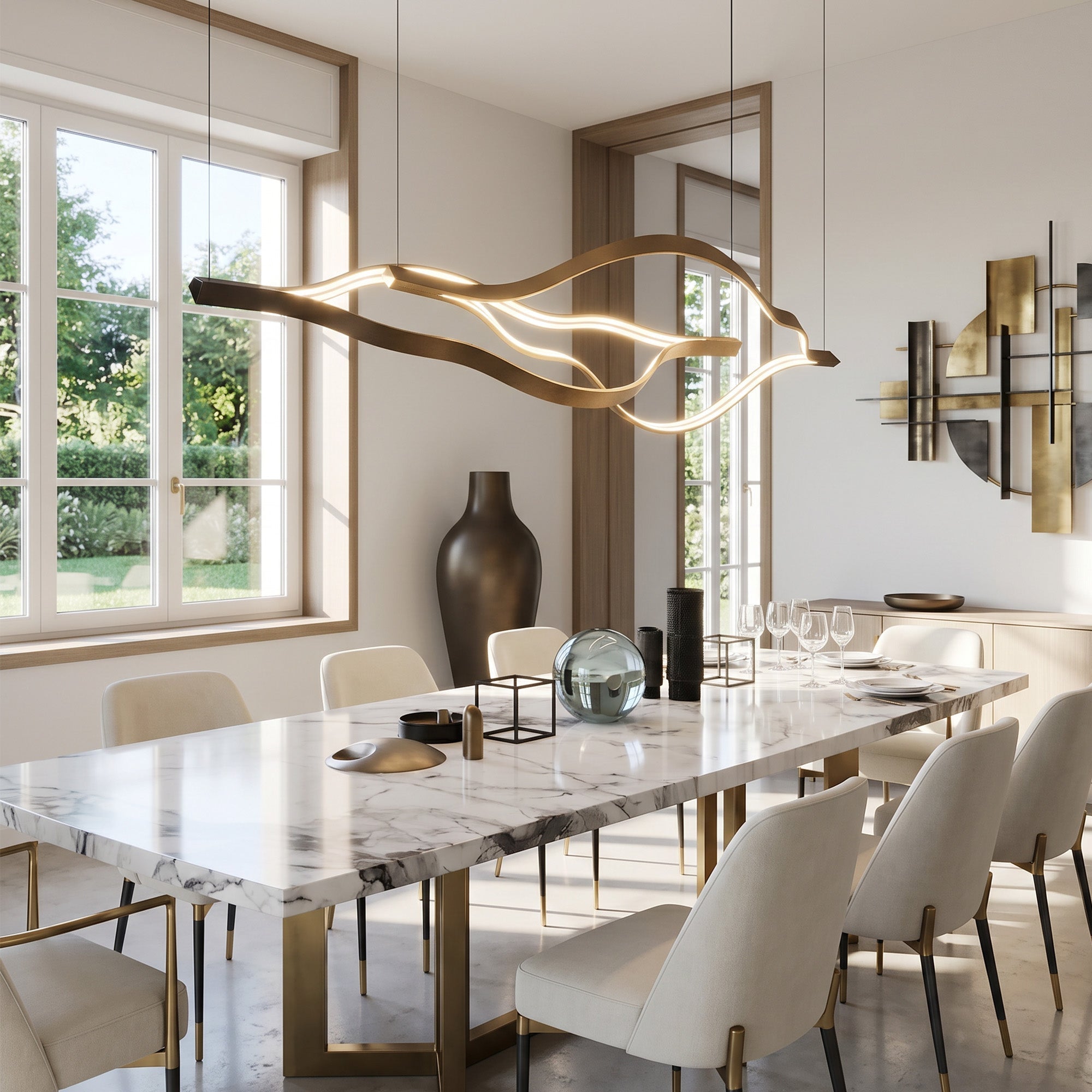 Modern Simple Brass Waving Chandelier for Living/Dining Room/Kitchen Island - L31.5"*W2.2"*H11.8"WoodWarm Light -  Manorlights