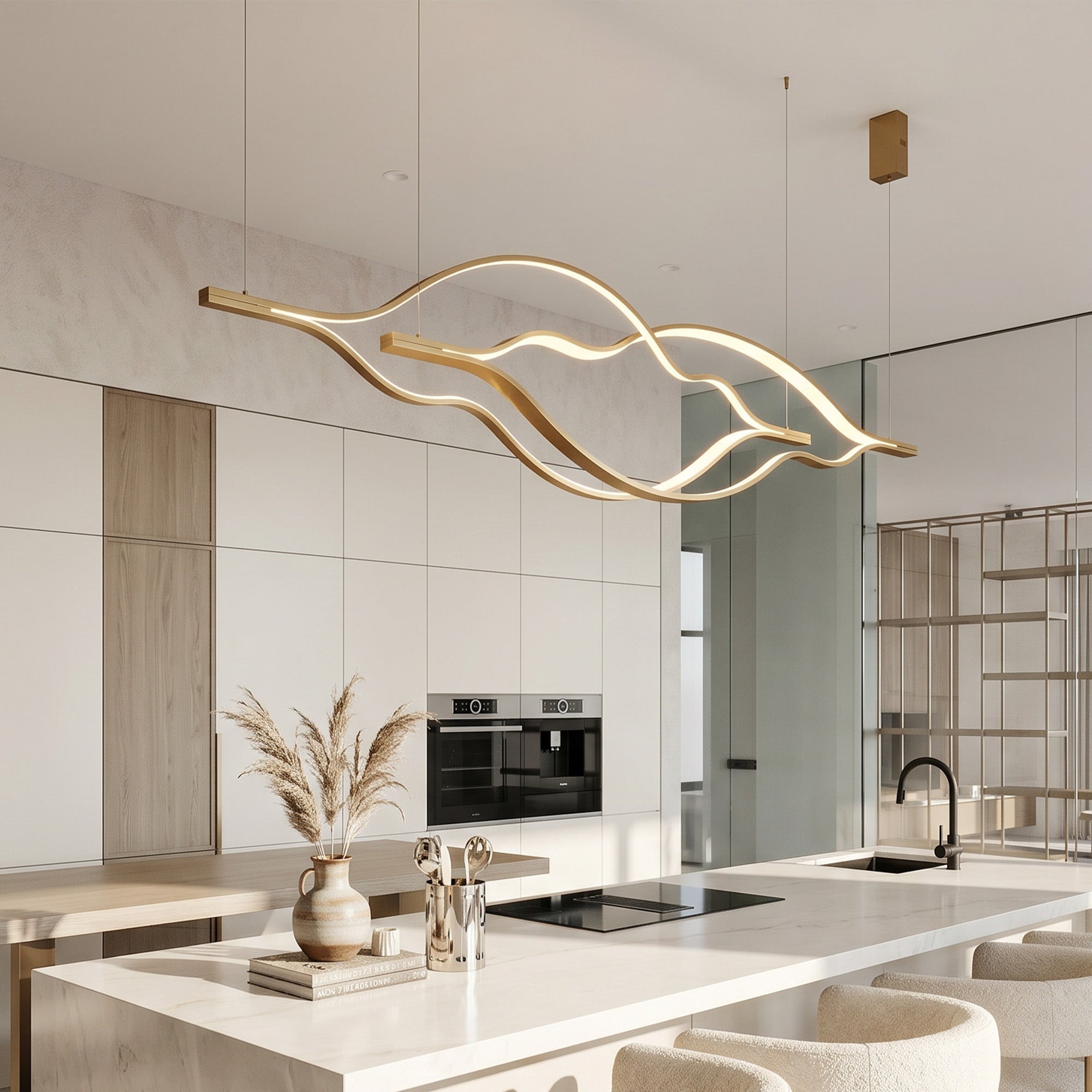 Modern Simple Brass Waving Chandelier for Living/Dining Room/Kitchen Island - 3 crossed pendant: L31.5"+L39.4"+L47.2"ChromeWarm Light -  Manorlights