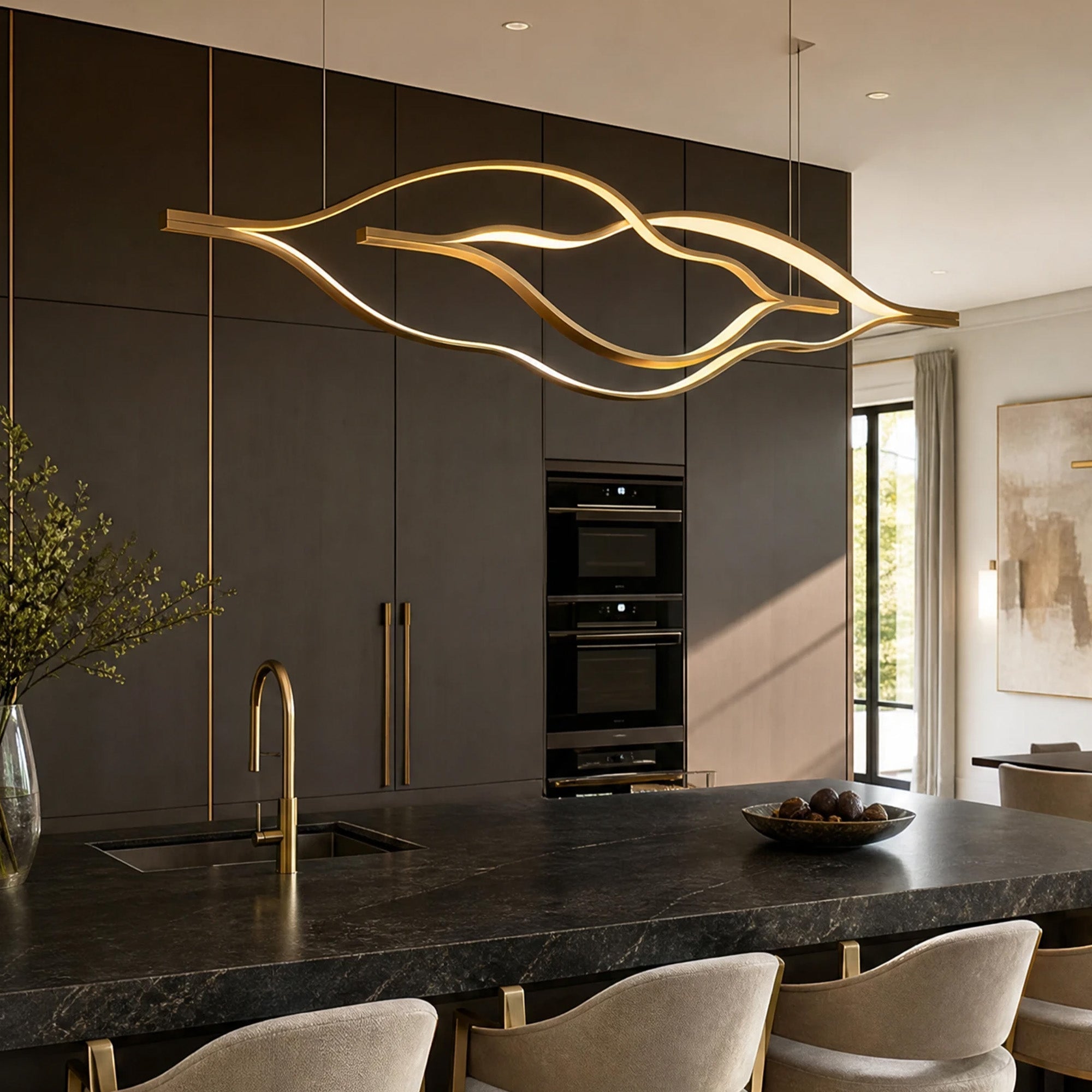 Modern Simple Brass Waving Chandelier for Living/Dining Room/Kitchen Island - L31.5"*W2.2"*H11.8"WoodWarm Light -  Manorlights