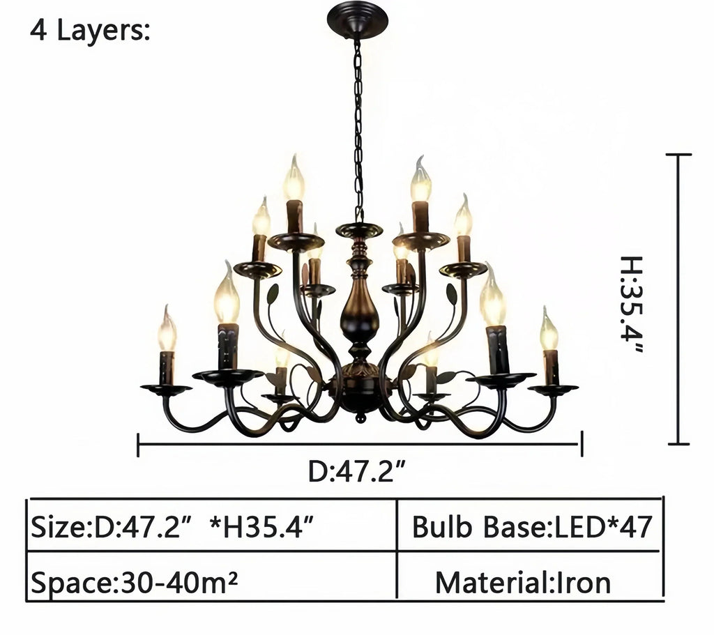 Multi Layer Iron Chandelier with Electronic Candles in Vintage Country Style for Living Room Cafe and Study - 4 Layers: D47.2"Warm LightManorlights