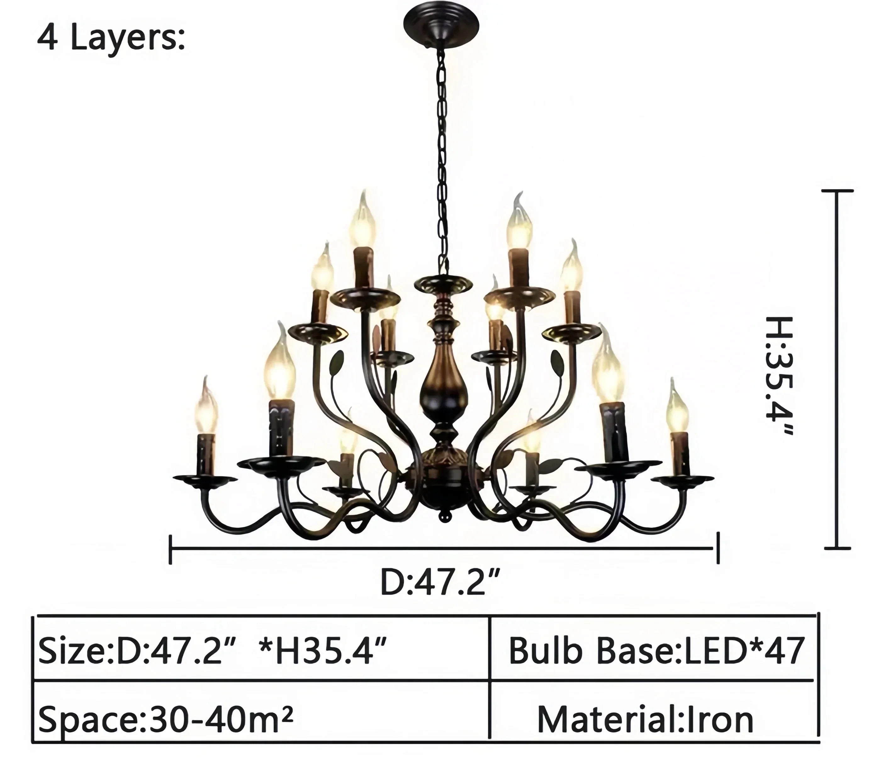 Multi Layer Iron Chandelier with Electronic Candles in Vintage Country Style for Living Room Cafe and Study - 4 Layers: D47.2"Warm LightManorlights