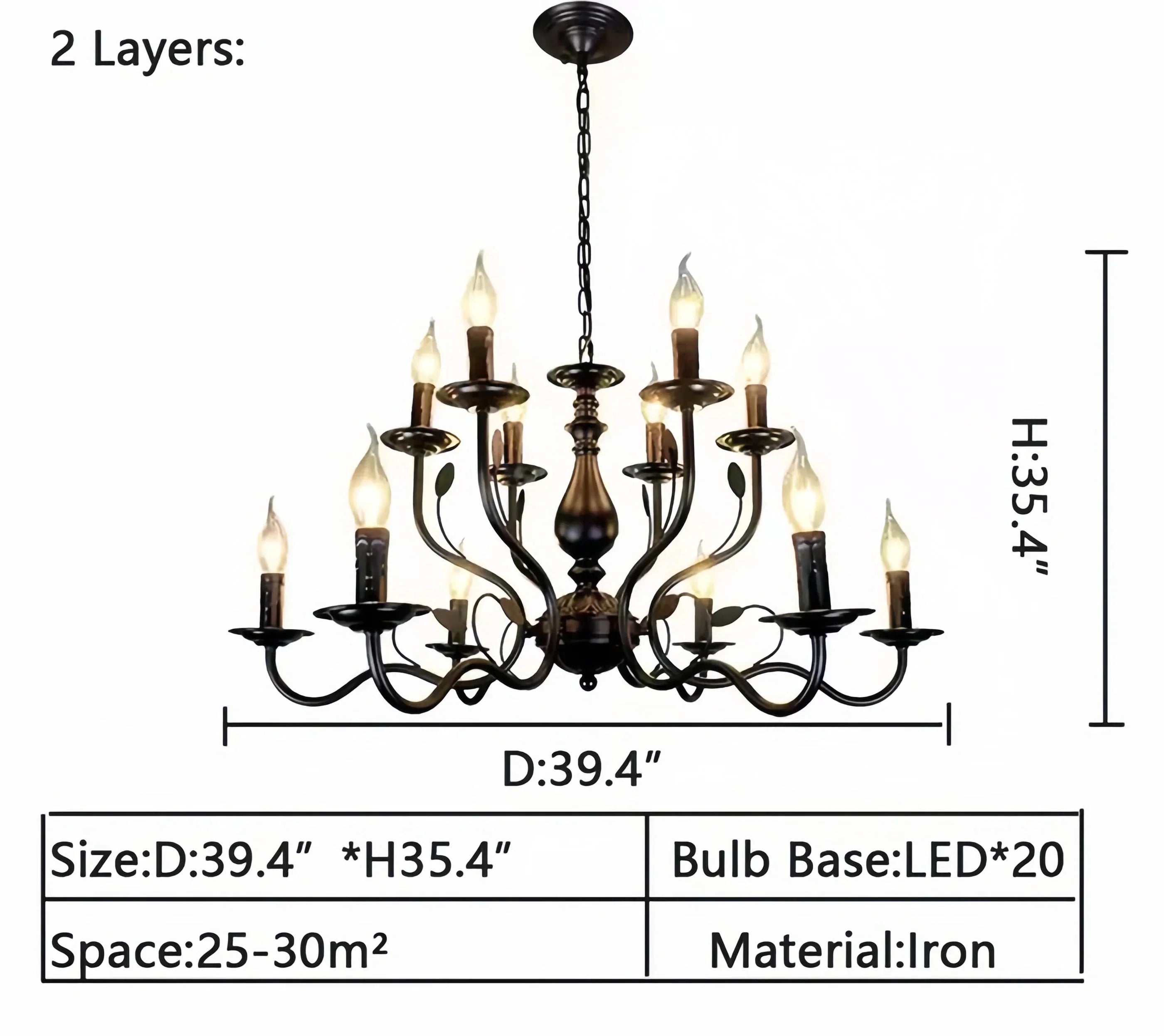 Multi Layer Iron Chandelier with Electronic Candles in Vintage Country Style for Living Room Cafe and Study - 2 Layers: D39.4"Warm LightManorlights