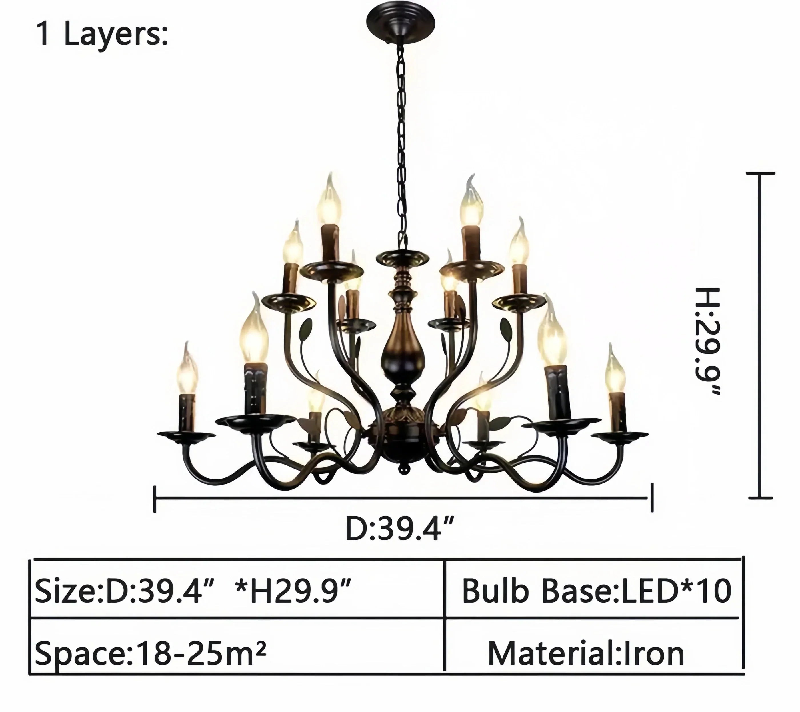 Multi Layer Iron Chandelier with Electronic Candles in Vintage Country Style for Living Room Cafe and Study - 1 Layer: D39.4"Warm LightManorlights
