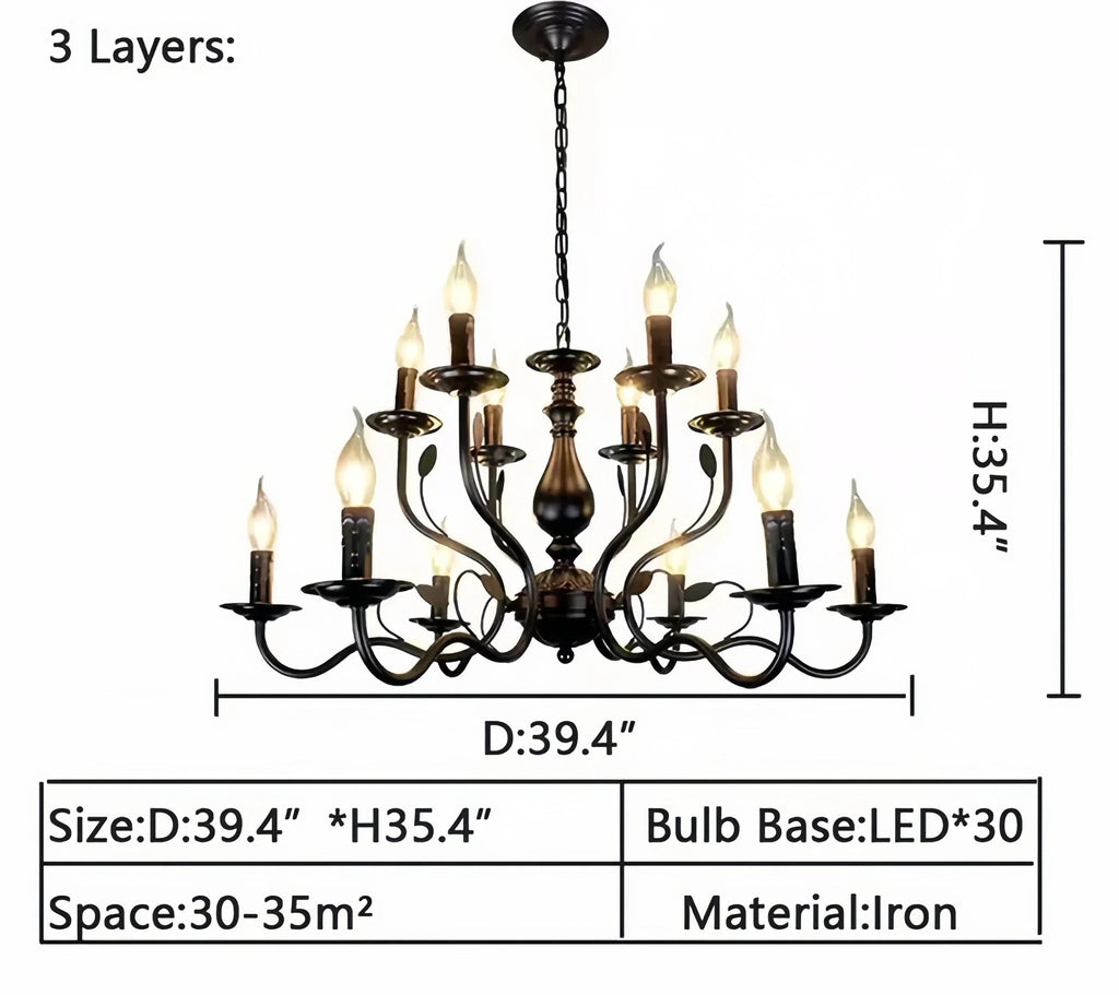 Multi Layer Iron Chandelier with Electronic Candles in Vintage Country Style for Living Room Cafe and Study - 3 Layers: D39.4"Warm LightManorlights