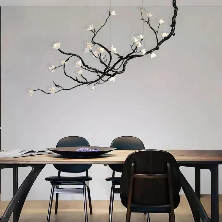 Noir Magnolia Branch & Porcelain Bloom Chandelier - Manorlights