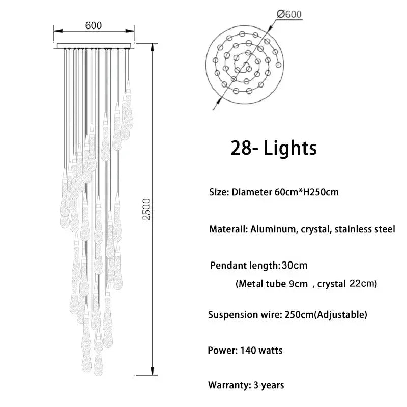 Spiral Raindrop Staircase Ceiling Lighting - 1 LightsWarm White 3000kManorlights