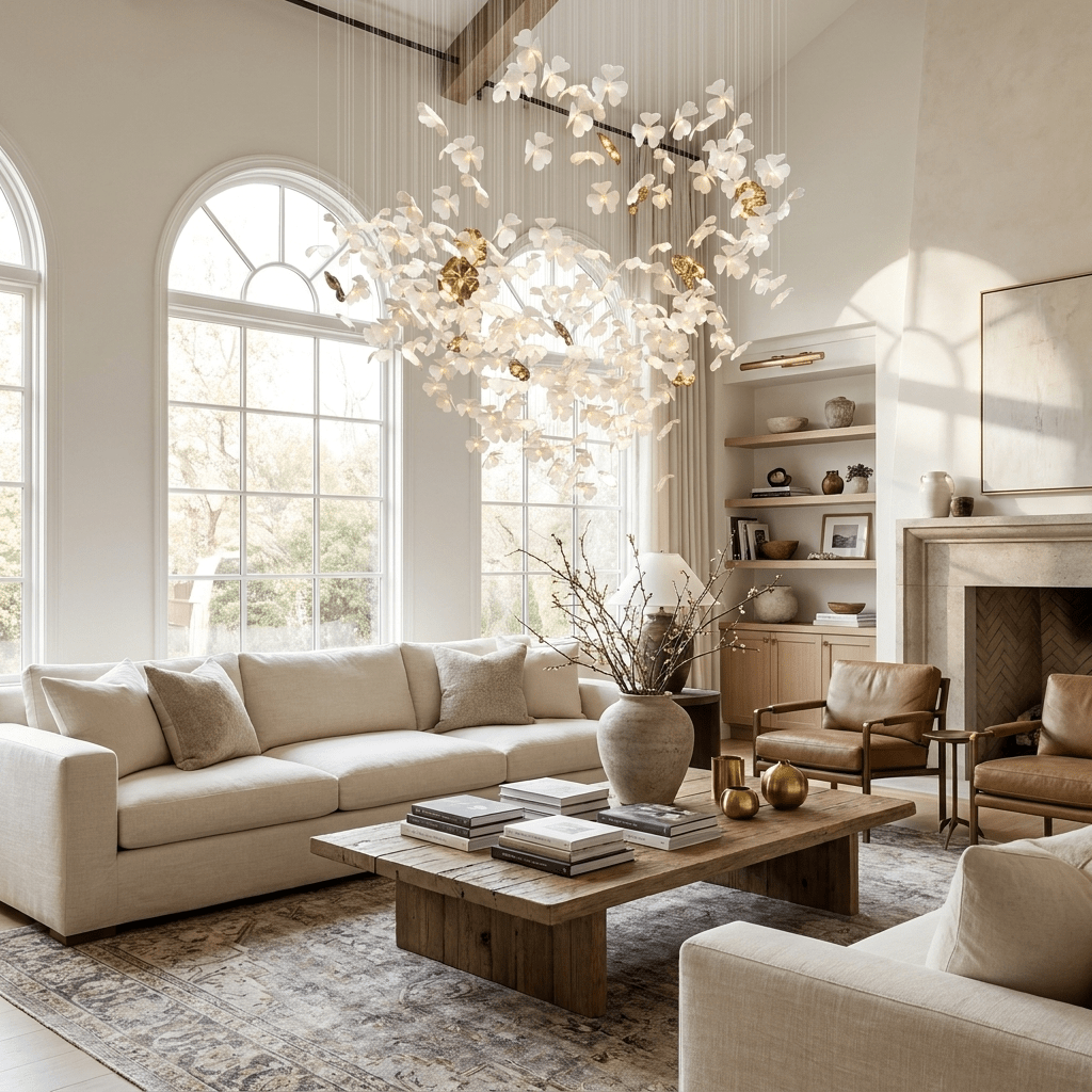 Sylvara Ceramic Blossom Chandelier - Dia 23.6″ × H 39.4″Gold & WhiteWarm LightBlushlighting