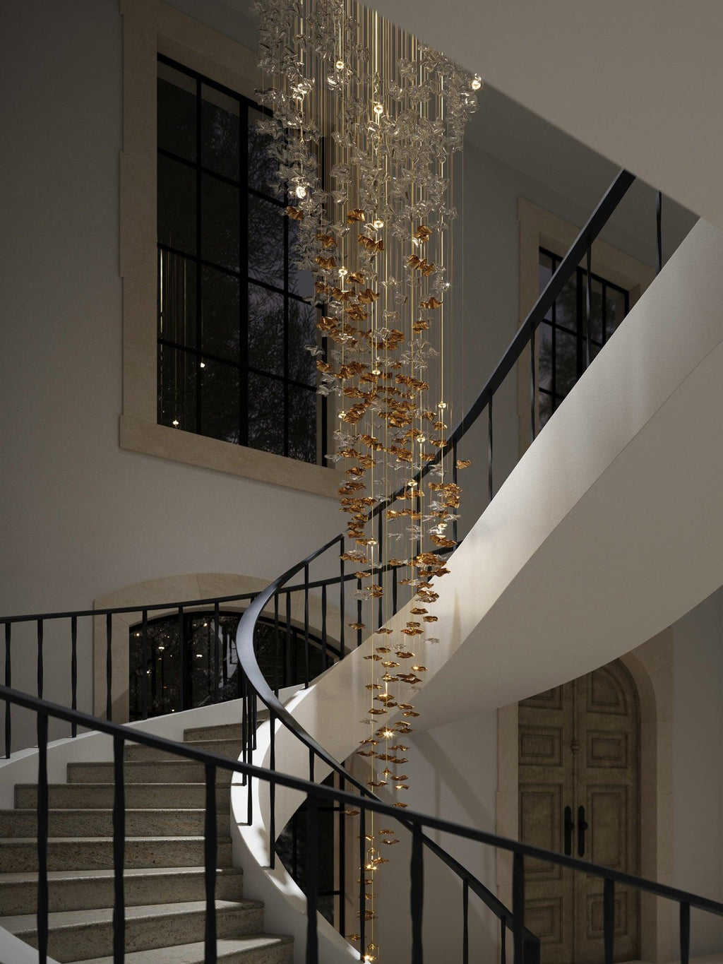 Tidal Art Glass Chandelier (With Canopy) - ∅ 58.3″ x H 118.1″Clear & GoldWarm Light -  Manorlights