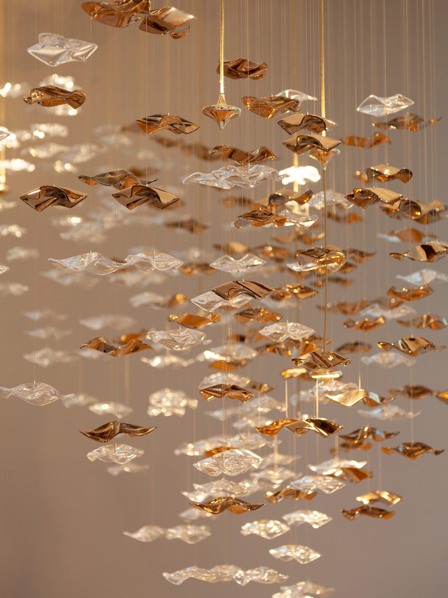 Tidal Art Glass Chandelier (With Canopy) - ∅ 58.3″ x H 118.1″Clear & GoldWarm Light -  Manorlights