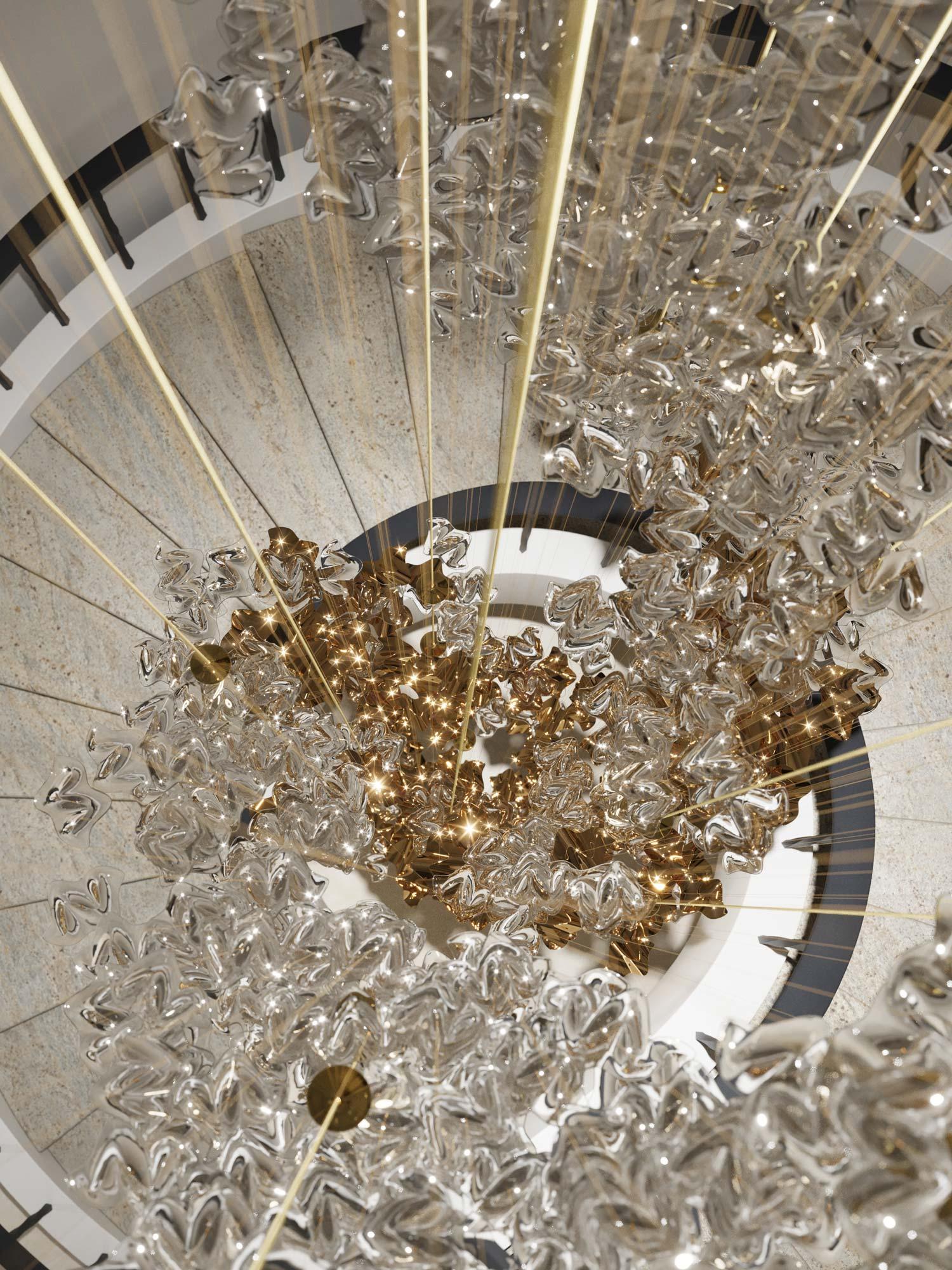 Tidal Art Glass Chandelier (With Canopy) - ∅ 58.3″ x H 118.1″Clear & GoldWarm Light -  Manorlights
