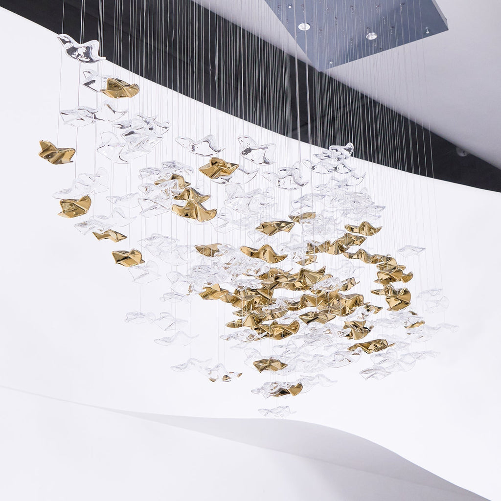 Tidal Art Glass Chandelier (With Canopy) - ∅ 58.3″ x H 118.1″Clear & GoldWarm Light -  Manorlights