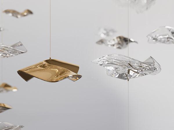 Tidal Art Glass Chandelier (With Canopy) - L 82.7″ x W 23.6″ x H 78.7″Clear & GoldWarm Light -  Manorlights
