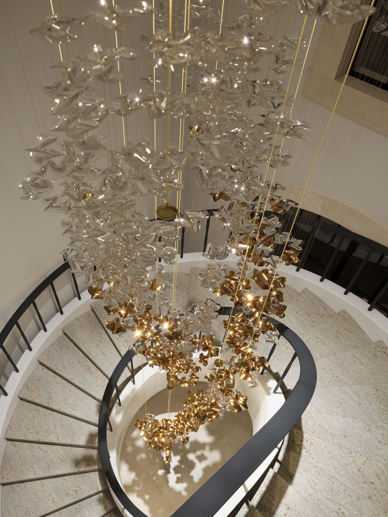 Tidal Art Glass Chandelier (With Canopy) - ∅ 58.3″ x H 118.1″Clear & GoldWarm Light -  Manorlights