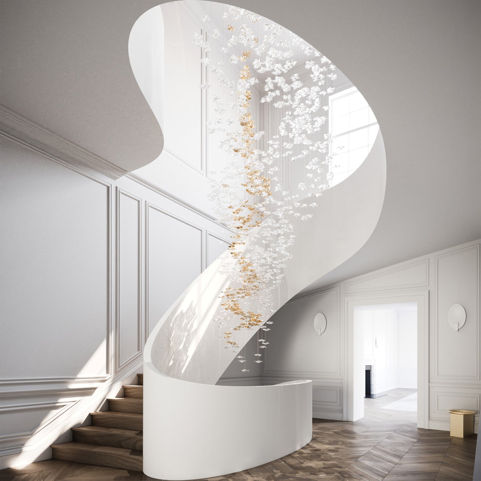 Tidal Art Glass Chandelier (With Canopy) - ∅ 58.3″ x H 118.1″Clear & GoldWarm Light -  Manorlights