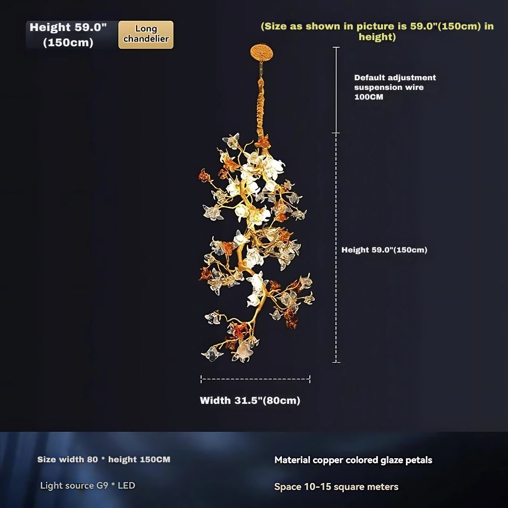 Verdant Branch Copper Vine Glass Flower Stairwell Chandelier - CopperH59.0"(150cm)Warm Light 3000kManorlights