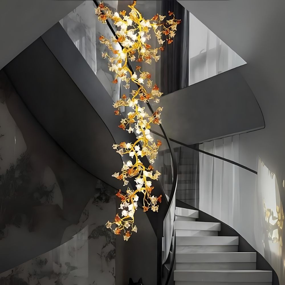 Verdant Branch Copper Vine Glass Flower Stairwell Chandelier - CopperH59.0"(150cm)Warm Light 3000kManorlights