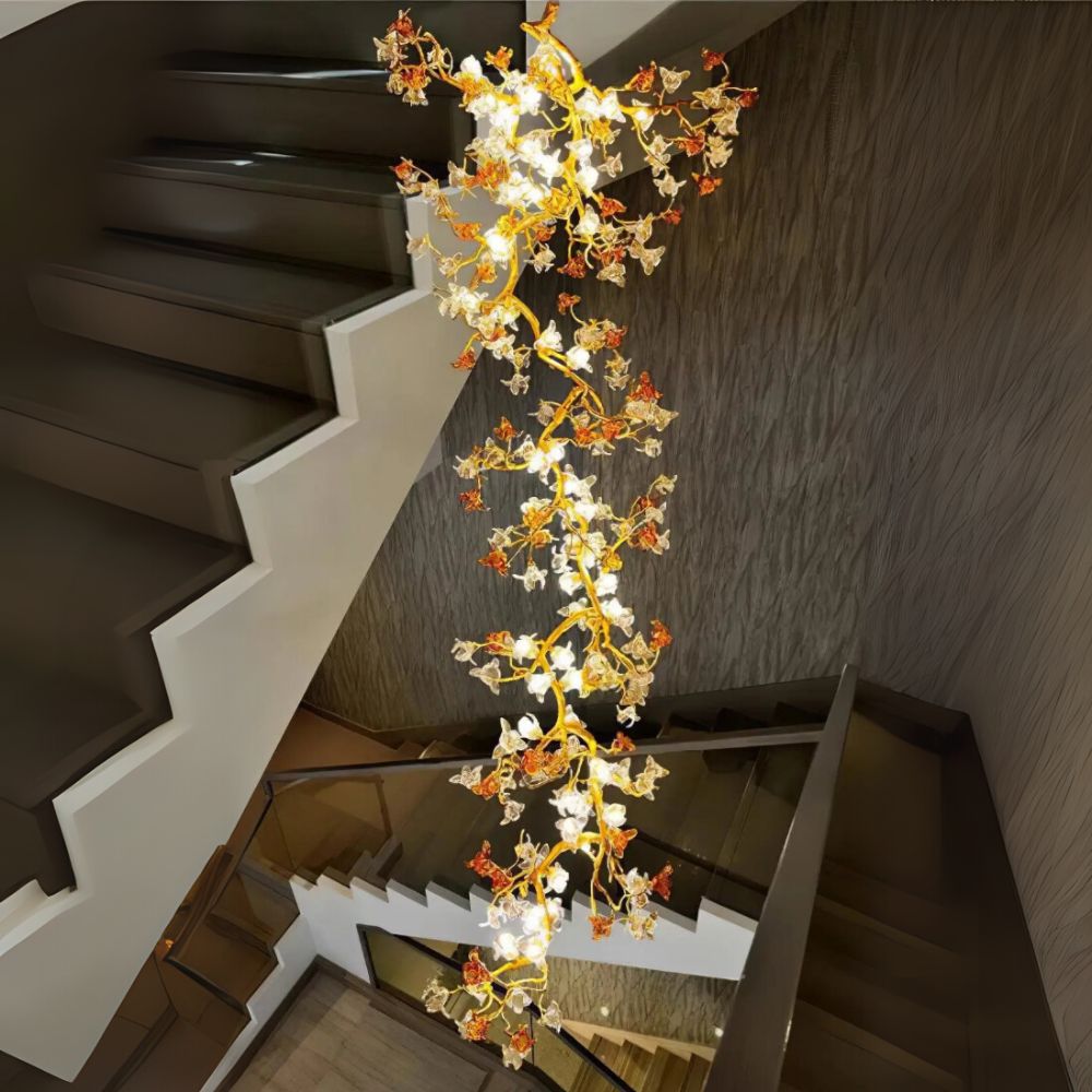 Verdant Branch Copper Vine Glass Flower Stairwell Chandelier - CopperH59.0"(150cm)Warm Light 3000kManorlights