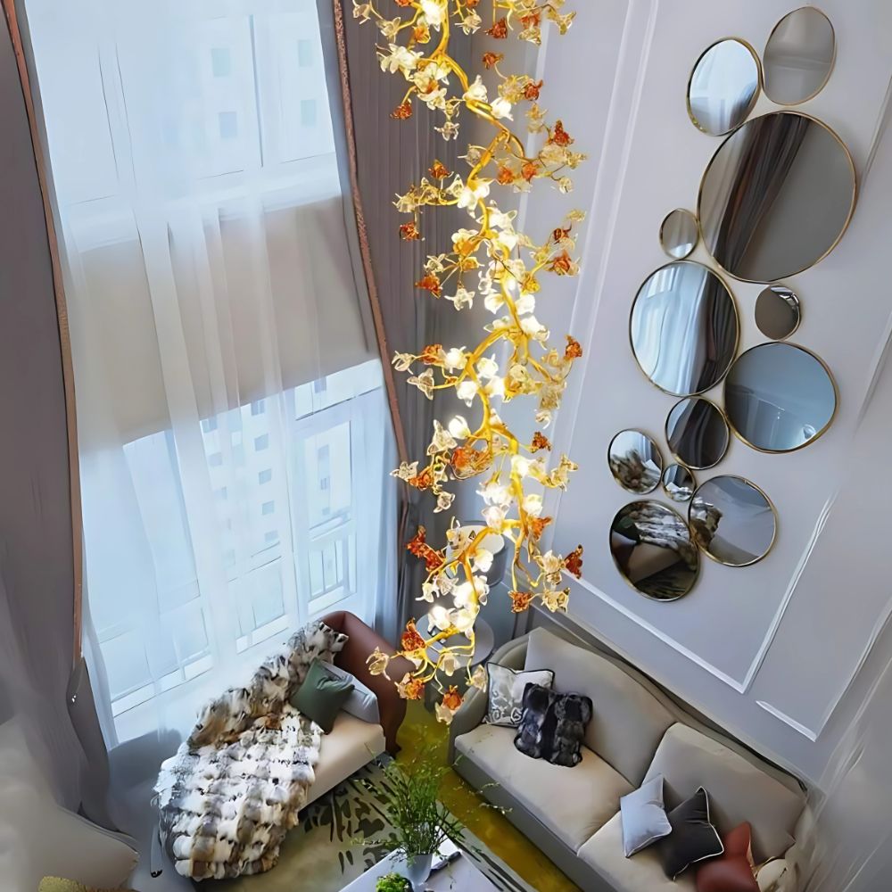 Verdant Branch Copper Vine Glass Flower Stairwell Chandelier - CopperH59.0"(150cm)Warm Light 3000kManorlights