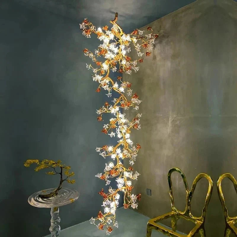 Verdant Branch Copper Vine Glass Flower Stairwell Chandelier - CopperH59.0"(150cm)Warm Light 3000kManorlights
