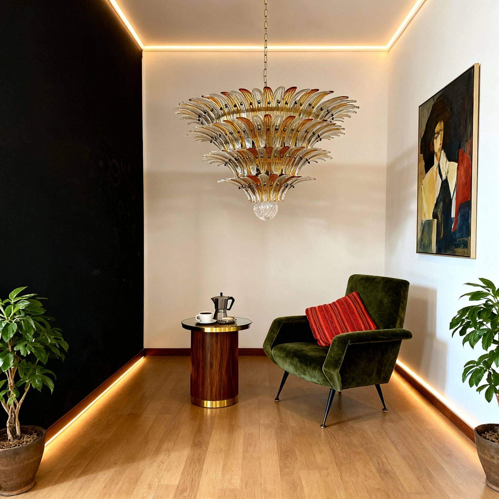 Amber glass Palmette chandelier hanging in a modern accent room with black wall trim.