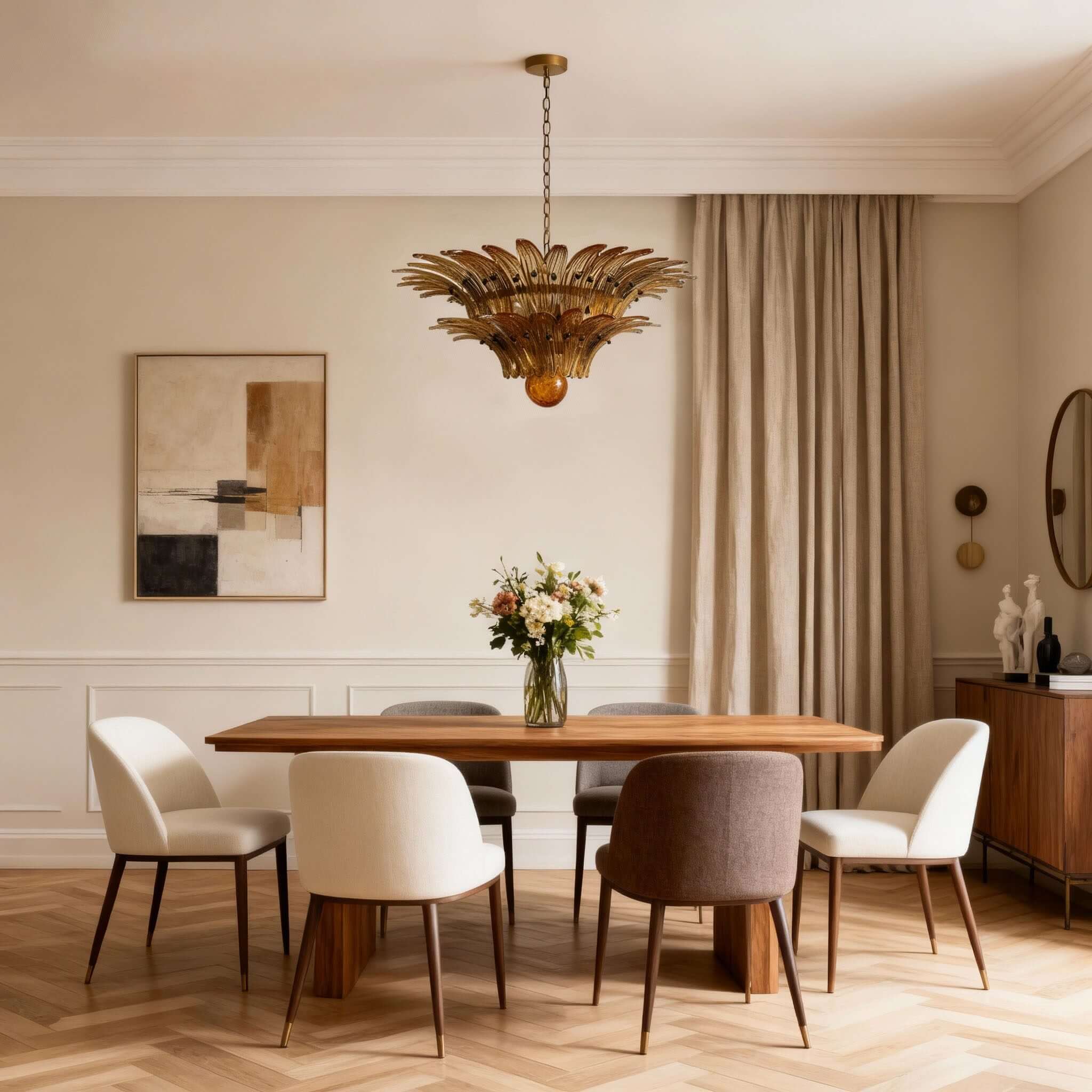 Amber glass Palmette chandelier above a modern dining table and chairs.