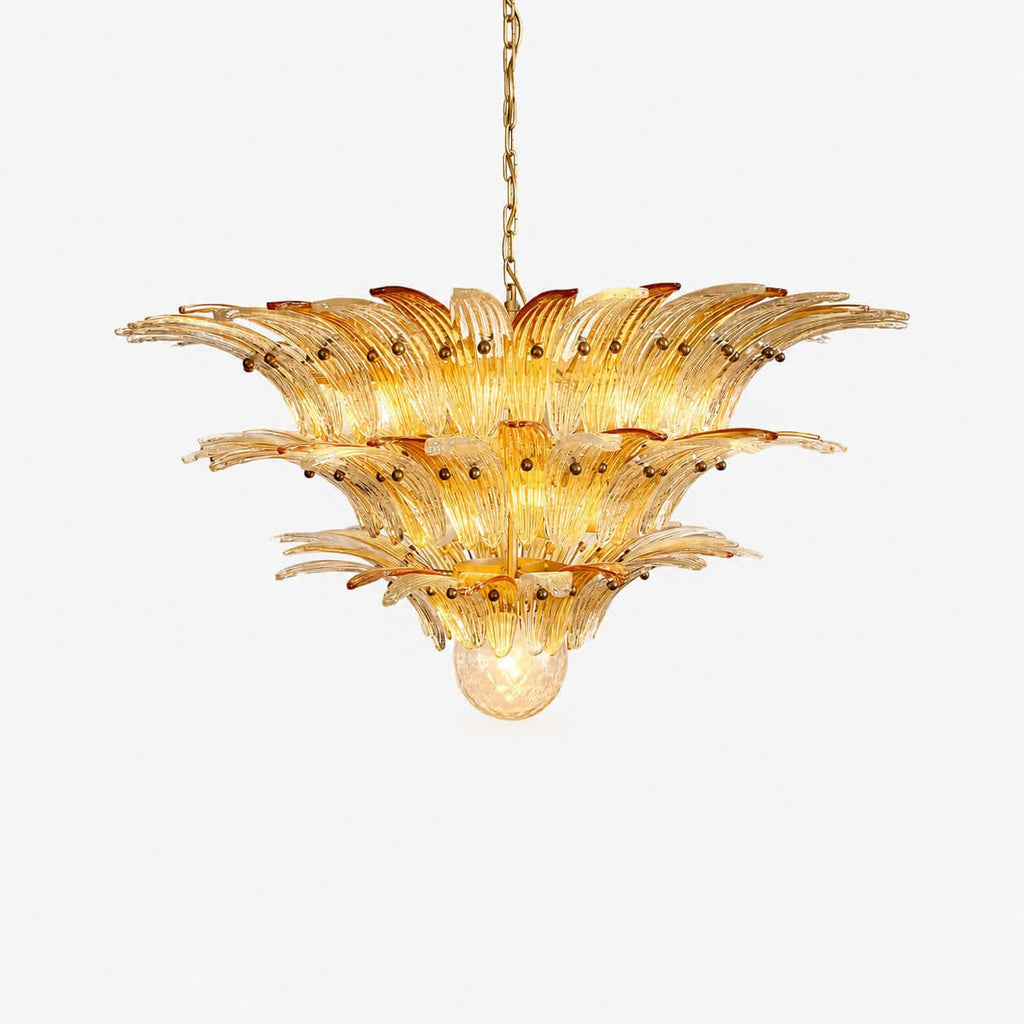 Murano Palmette chandelier with amber glass leaves shown on a white background.