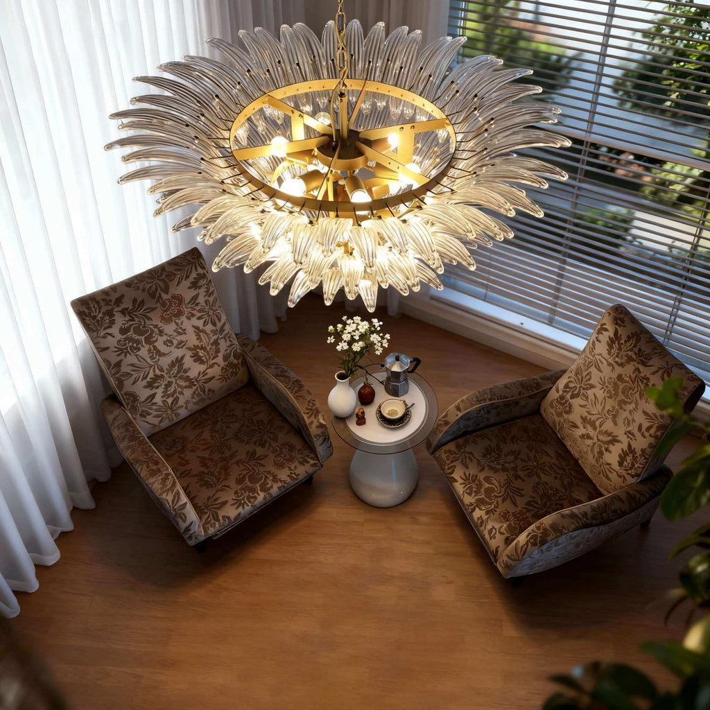 Overhead view of a glass Palmette chandelier above a seating area.
