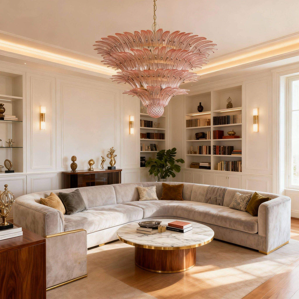 Pink glass Palmette chandelier above a bright living room seating area.
