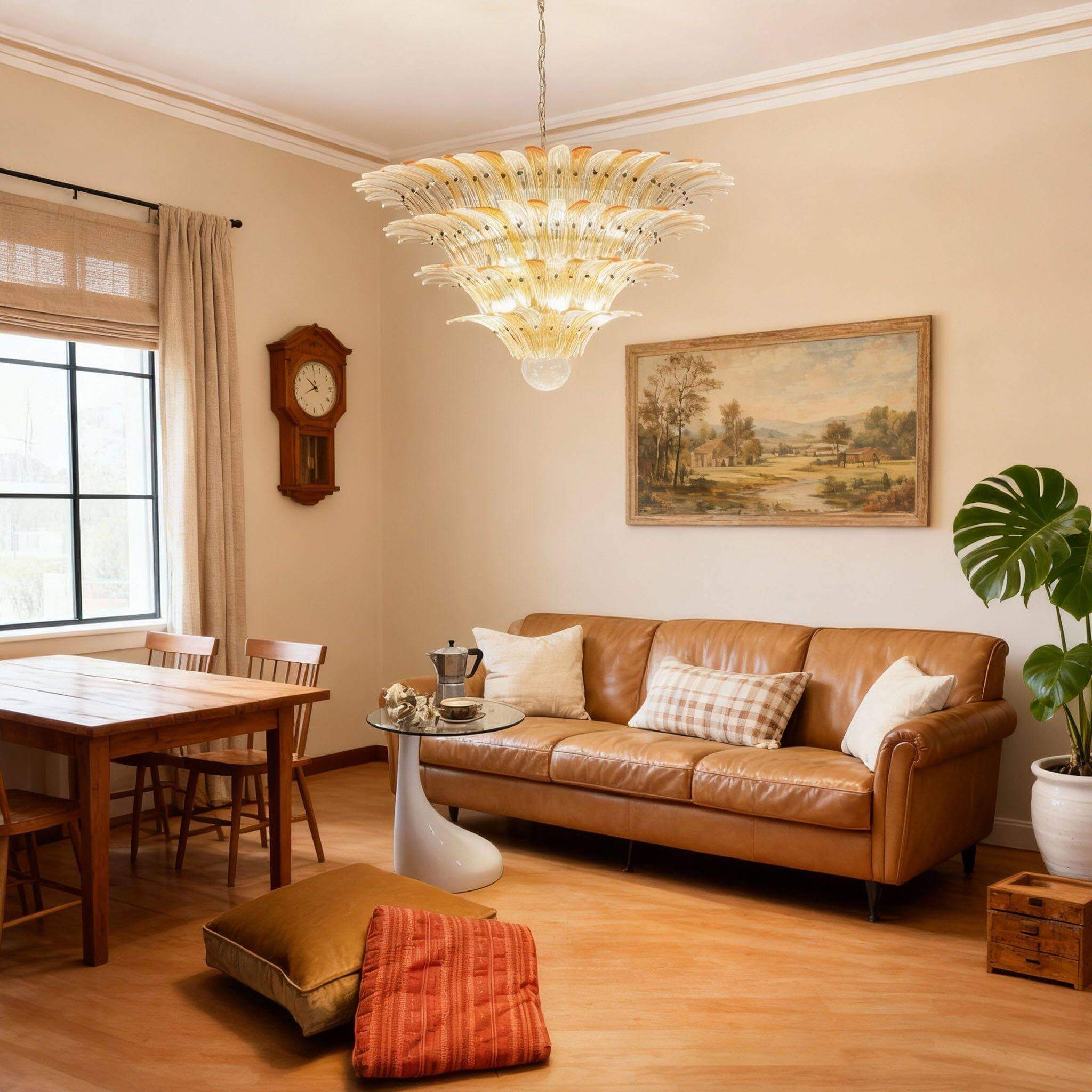 Clear glass chandelier glowing above a warm living room with a leather sofa.