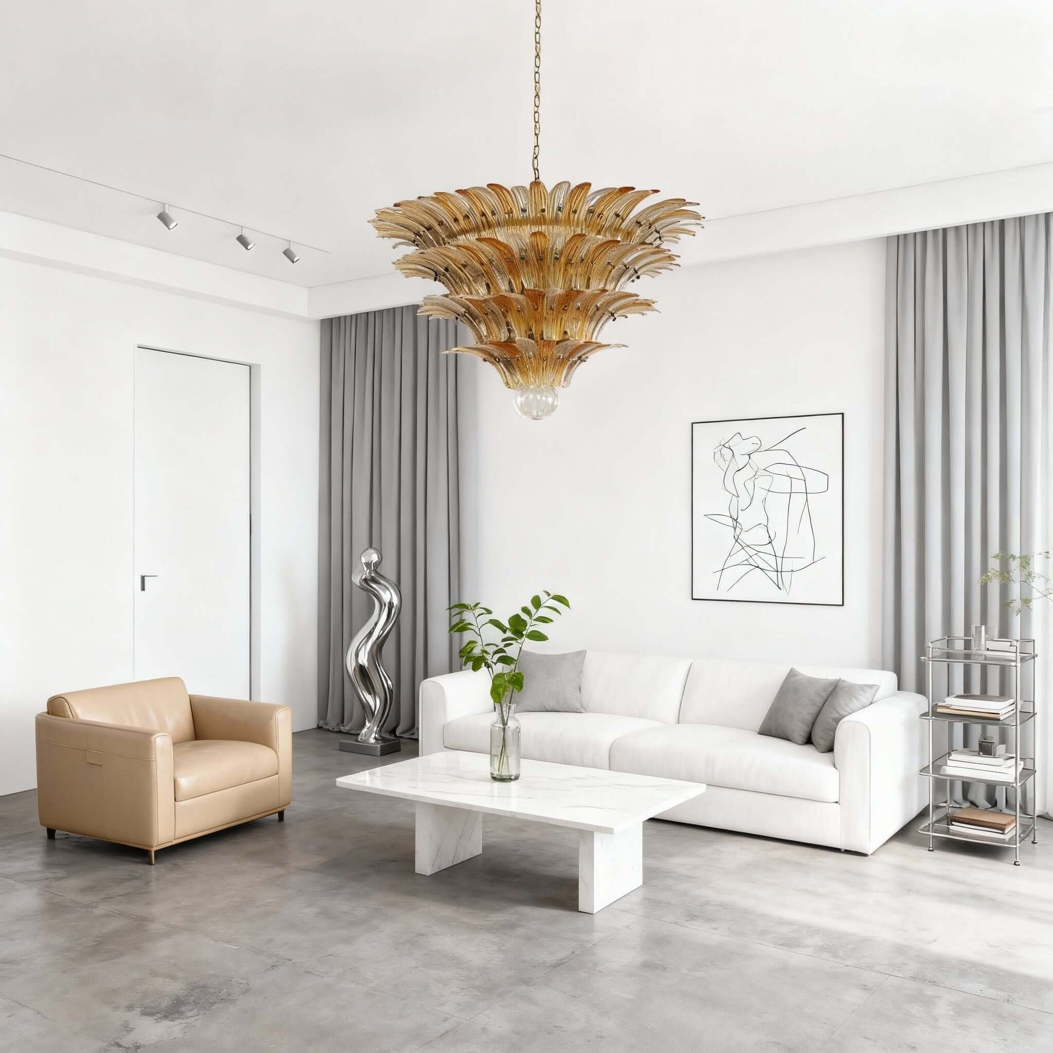 Amber glass chandelier above a white modern living room with low seating.